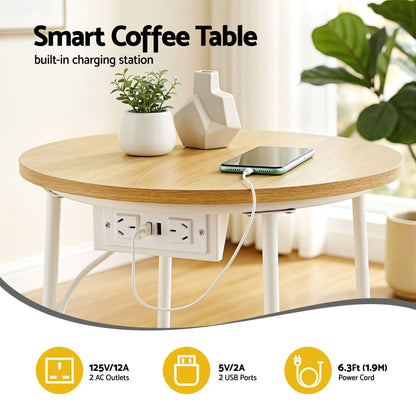 Artiss Floor Lounge &amp; Round Coffee Table Side End Table with Charging Station Set