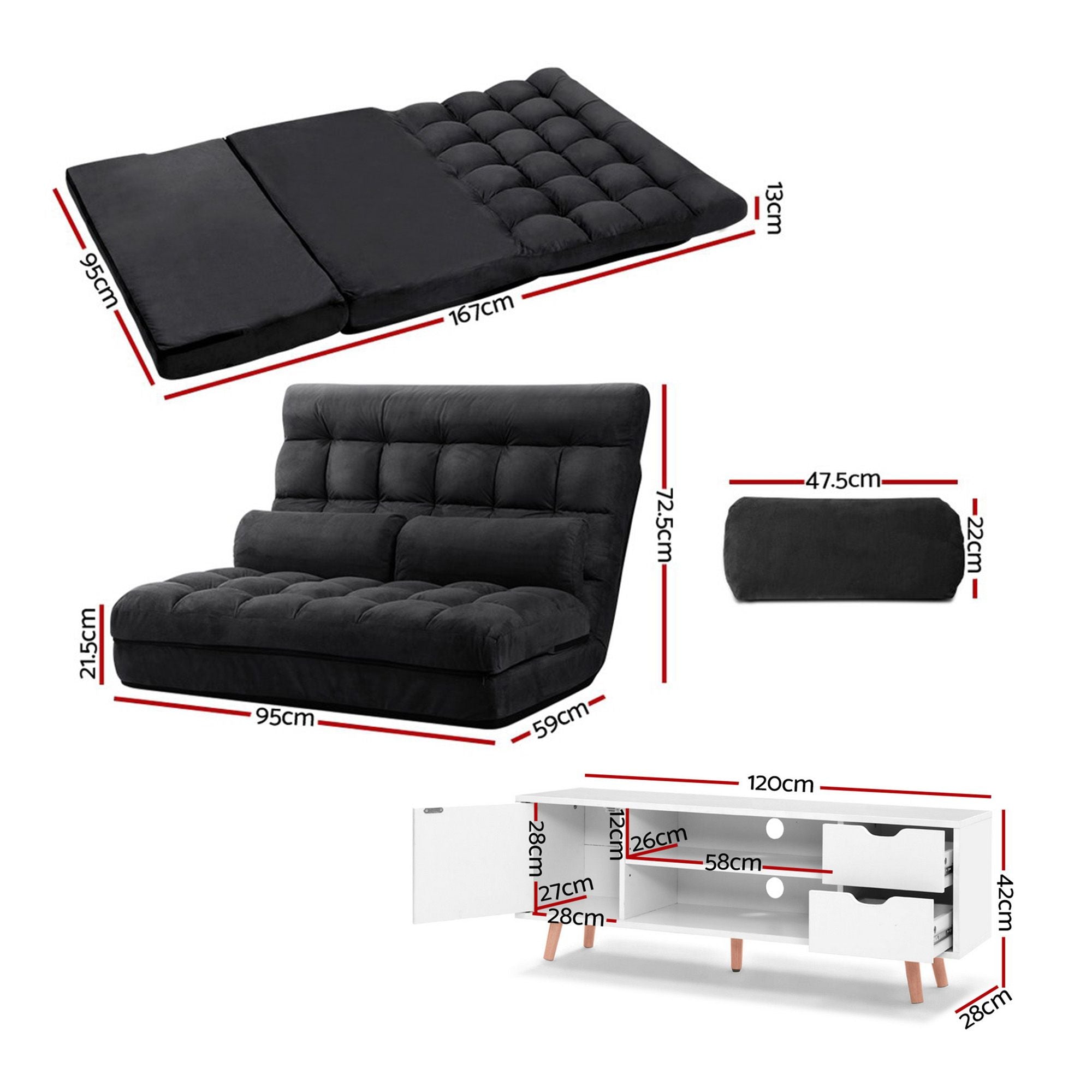 Artiss Sofa Bed Adjustable Floor Chair &amp; TV Unit 120cm Entertainment Cabinet Set