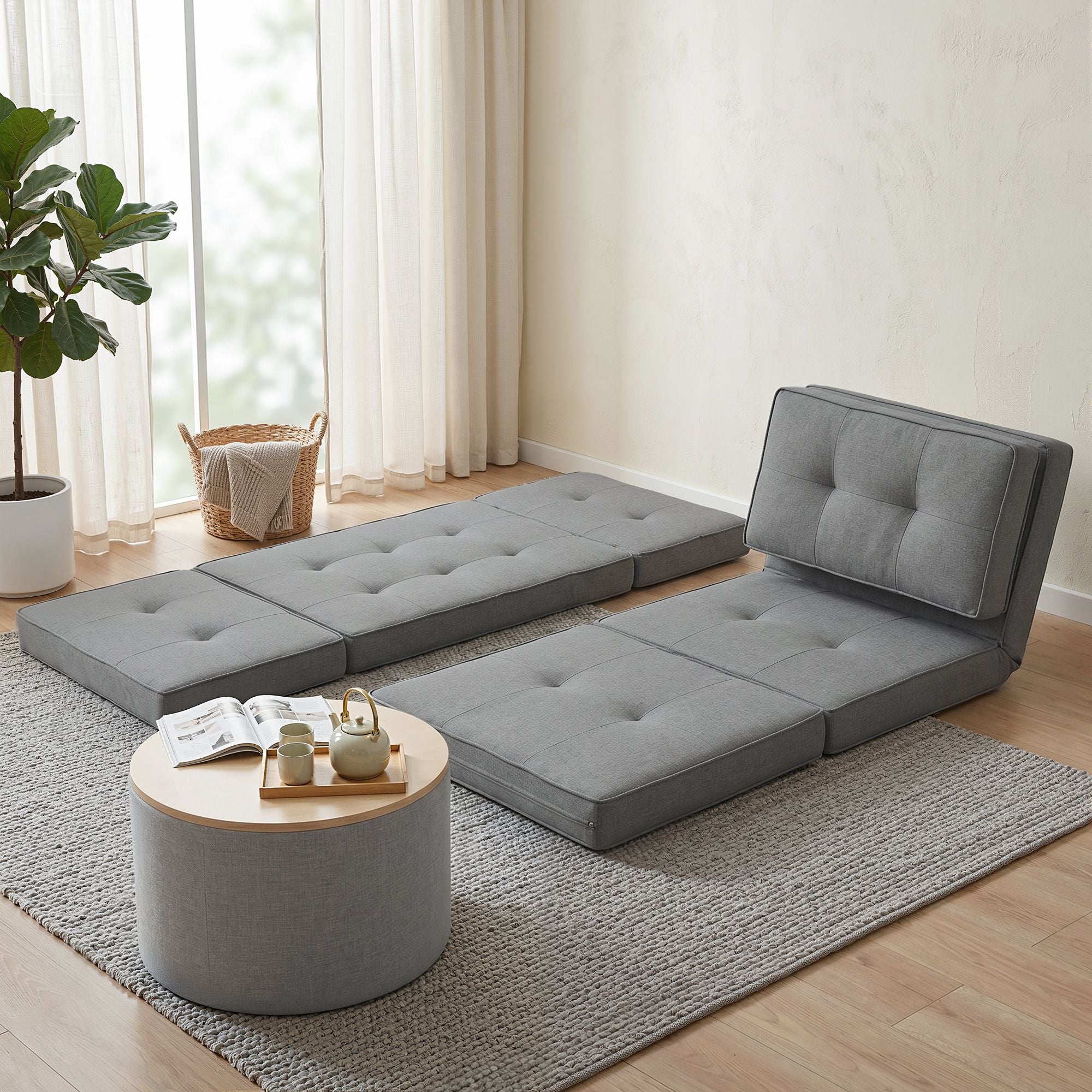 Artiss Recliner Adjustable Floor Chaise Lounge &amp; Ottoman Foot Rest Grey Set