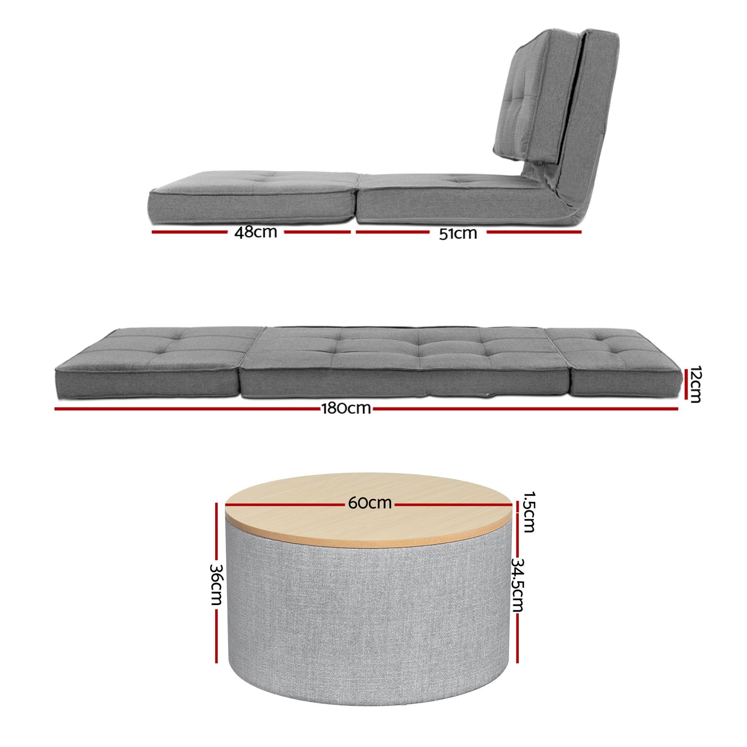 Artiss Recliner Adjustable Floor Chaise Lounge &amp; Ottoman Foot Rest Grey Set
