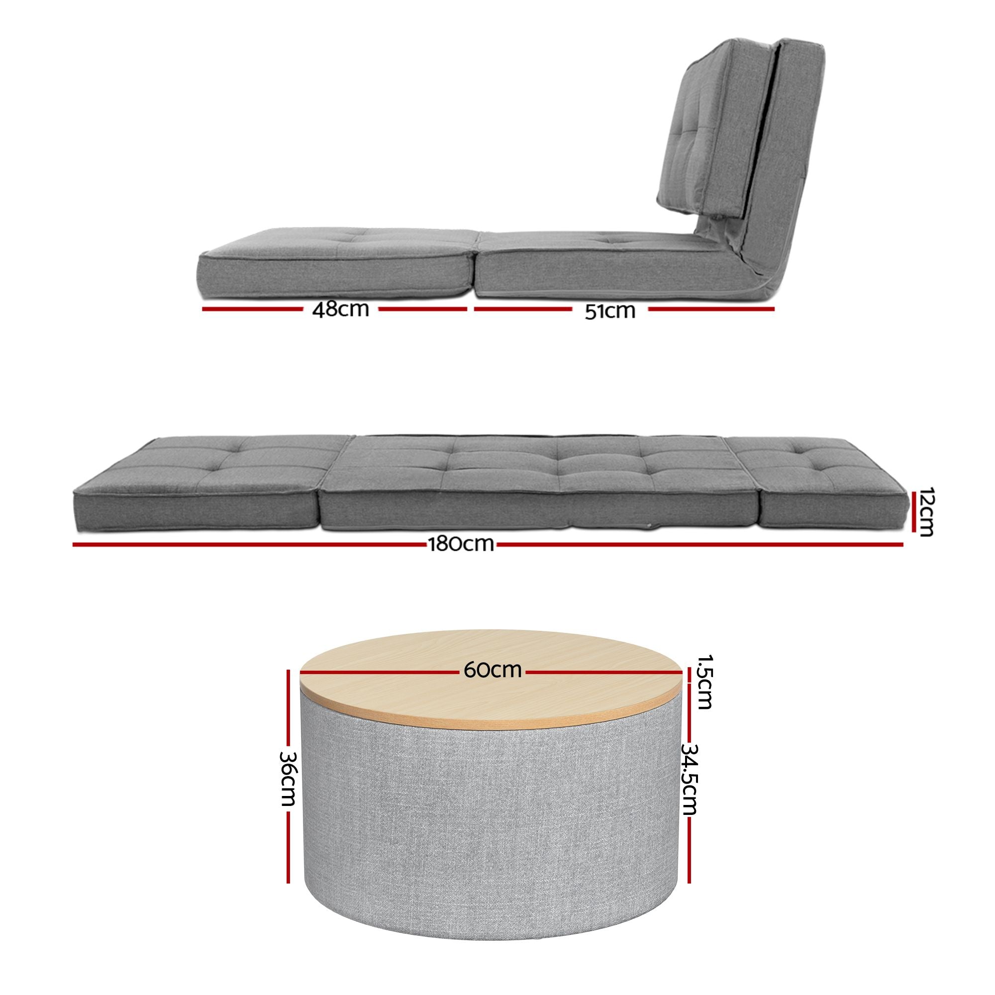 Artiss Recliner Adjustable Floor Chaise Lounge &amp; Ottoman Foot Rest Grey Set