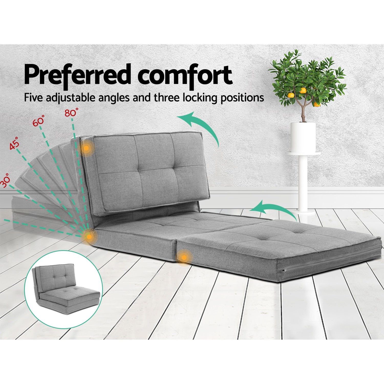 Artiss Recliner Adjustable Floor Chaise Lounge &amp; Ottoman Foot Rest Grey Set
