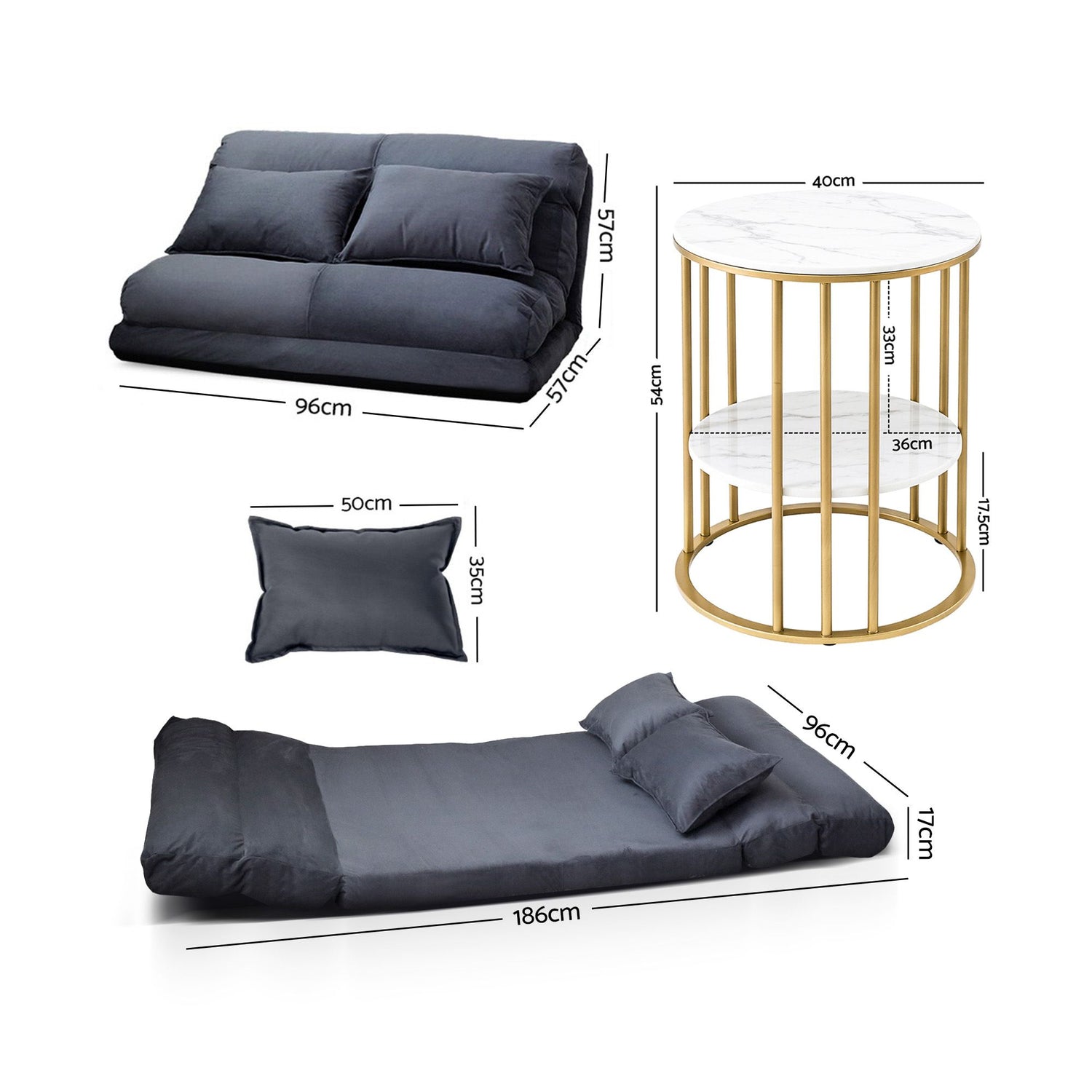 Artiss Floor Lounge Sofa Bed &amp; Coffee Table 2 Tier Marble Effect Side Table Set