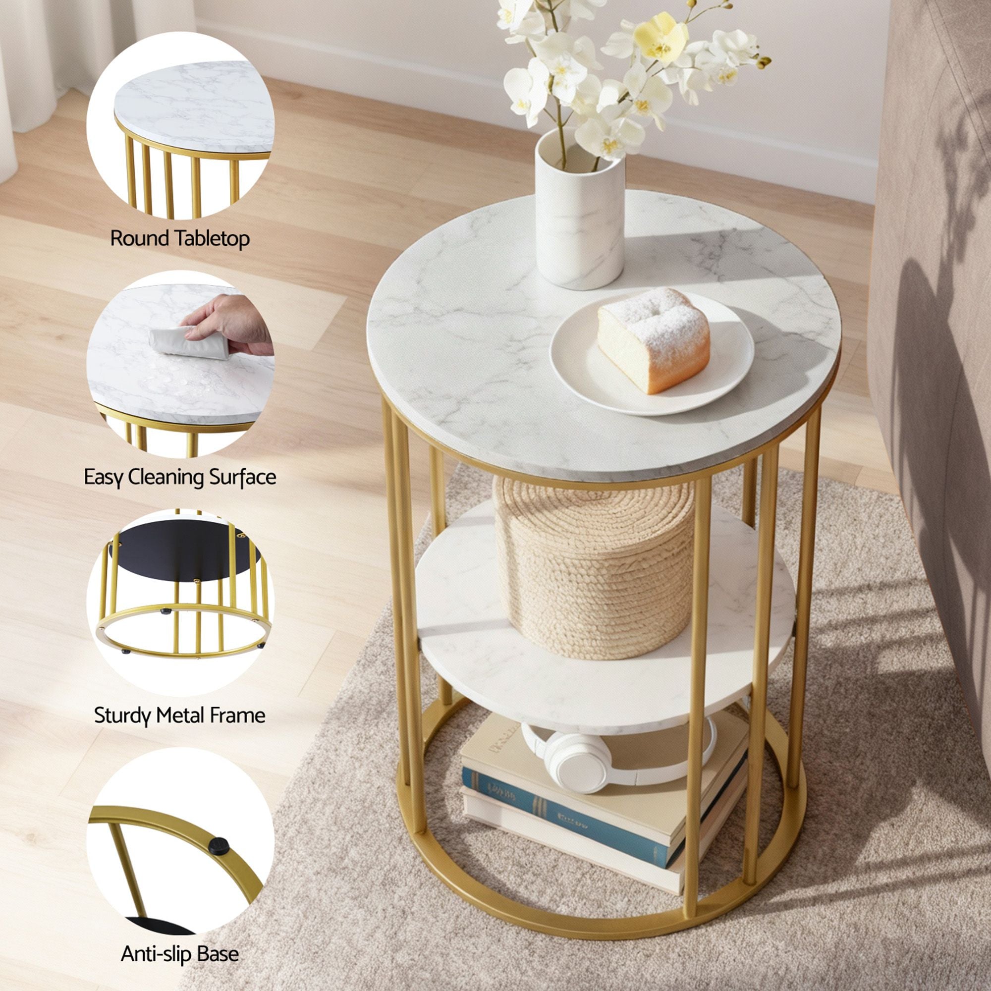 Artiss Floor Lounge Sofa Bed &amp; Coffee Table 2 Tier Marble Effect Side Table Set