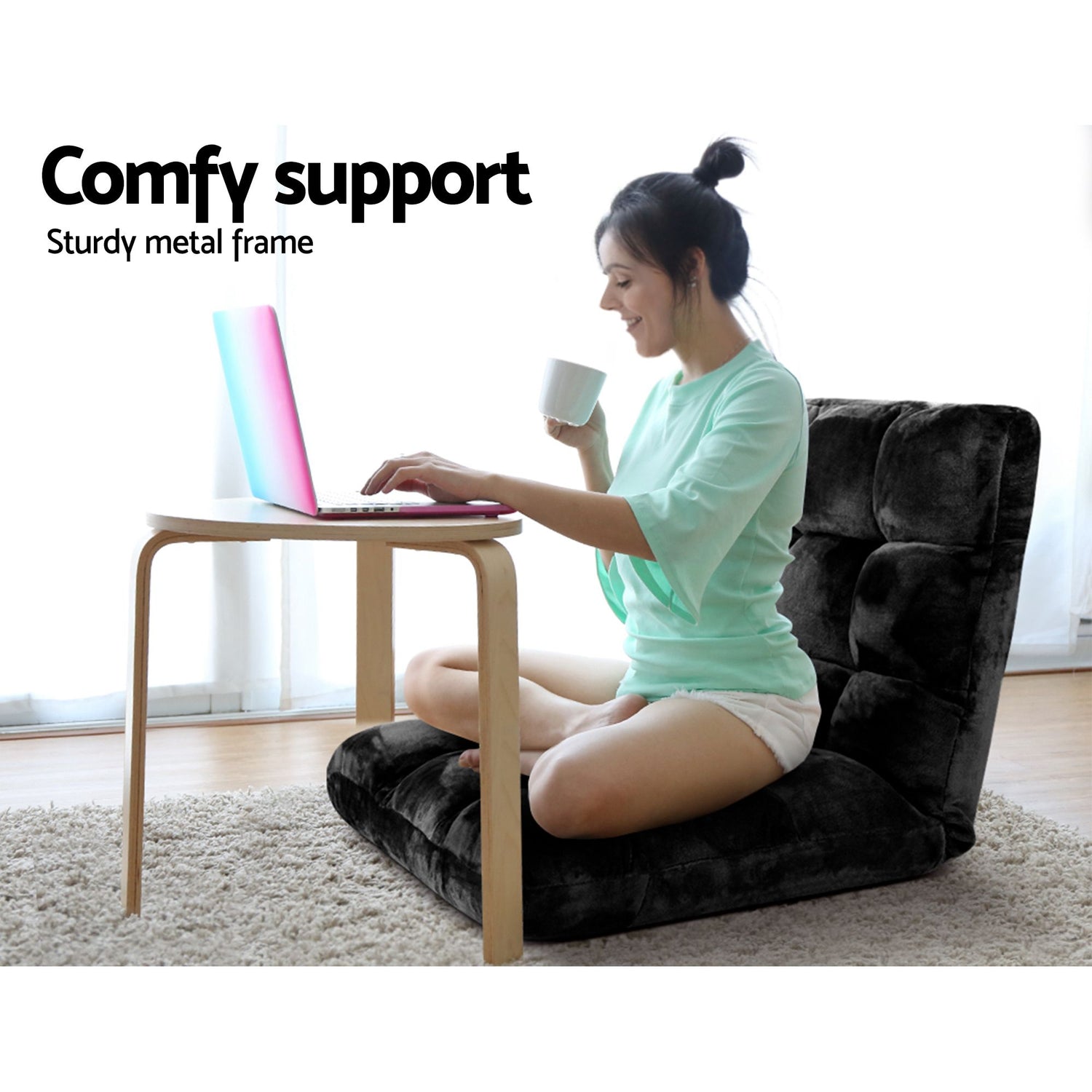 Artiss Sofa Bed Floor Lounge Recliner Foldable Chair &amp; Side Table Bundle