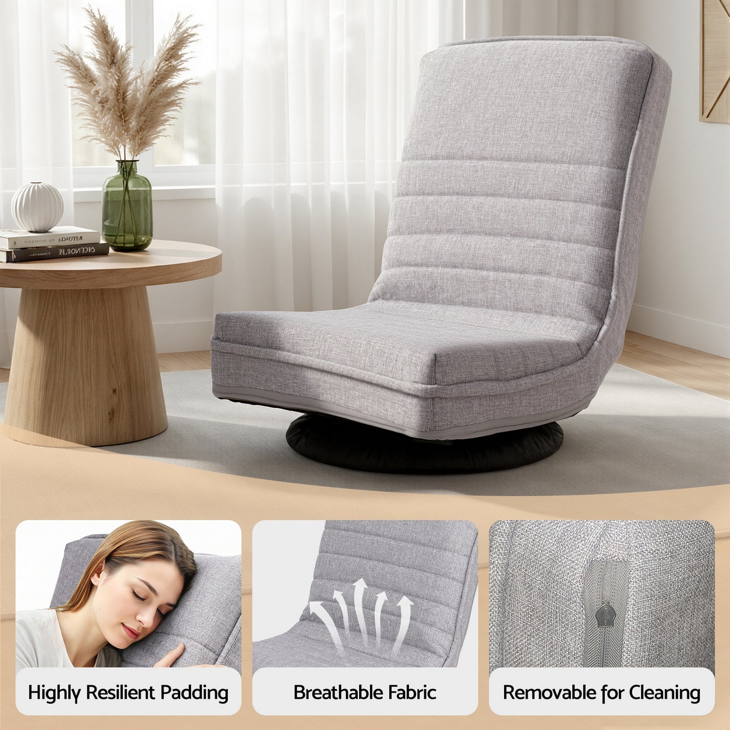 Ariss Swivel Floor Chair 360 Adjustable Foldable Lounge Seat Floor Sofa Chair Grey-Furniture > Bar Stools &amp; Chairs > Arm Chairs &amp; Recliners-PEROZ Accessories