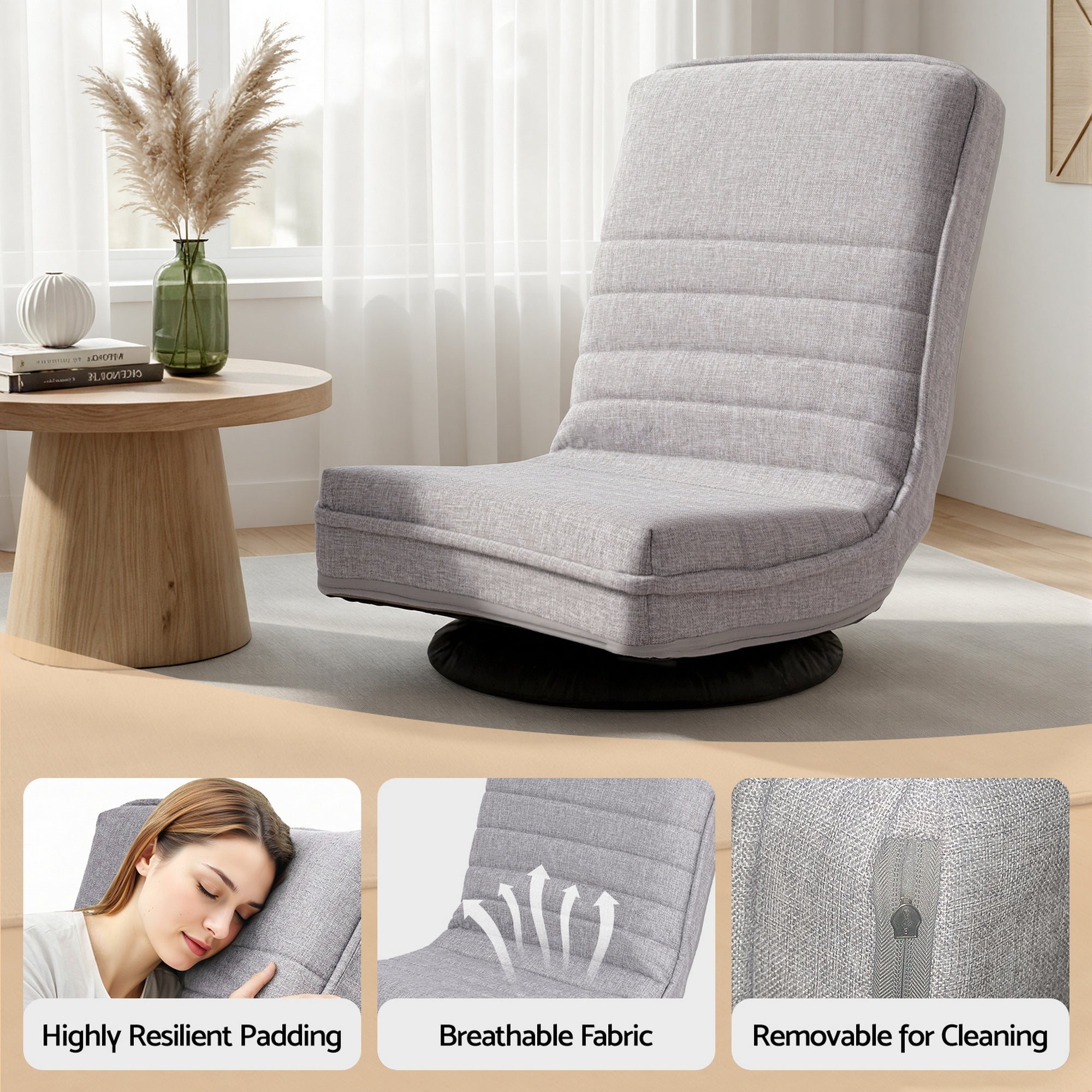 Ariss Swivel Floor Chair 360 Adjustable Foldable Lounge Seat Floor Sofa Chair Grey-Furniture > Bar Stools &amp; Chairs > Arm Chairs &amp; Recliners-PEROZ Accessories
