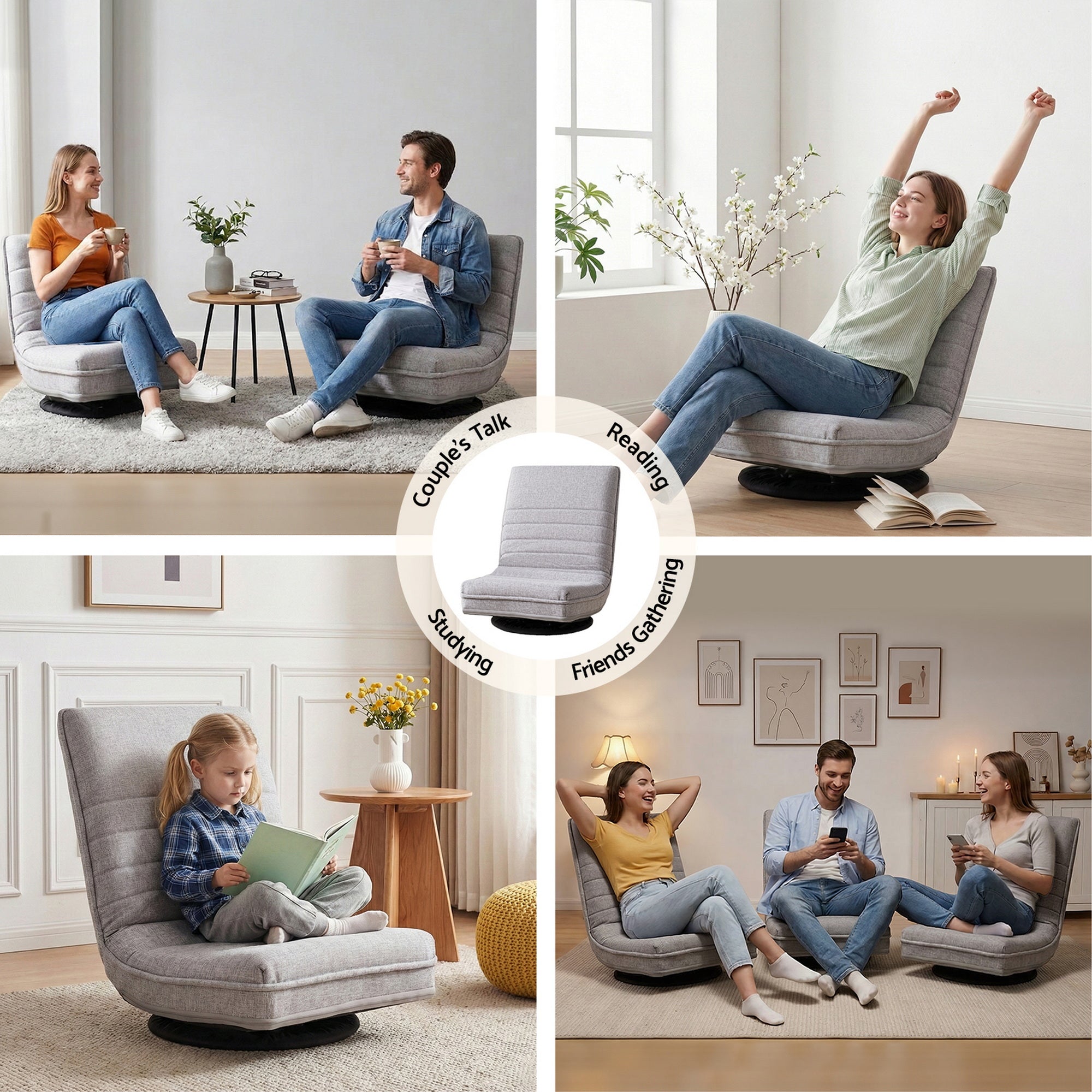 Ariss Swivel Floor Chair 360 Adjustable Foldable Lounge Seat Floor Sofa Chair Grey-Furniture > Bar Stools &amp; Chairs > Arm Chairs &amp; Recliners-PEROZ Accessories