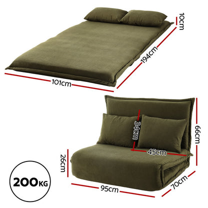 Artiss Floor Lounge Sofa Bed Foldable 2 Seater Green-Furniture &gt; Bar Stools &amp; Chairs &gt; Arm Chairs &amp; Recliners-PEROZ Accessories