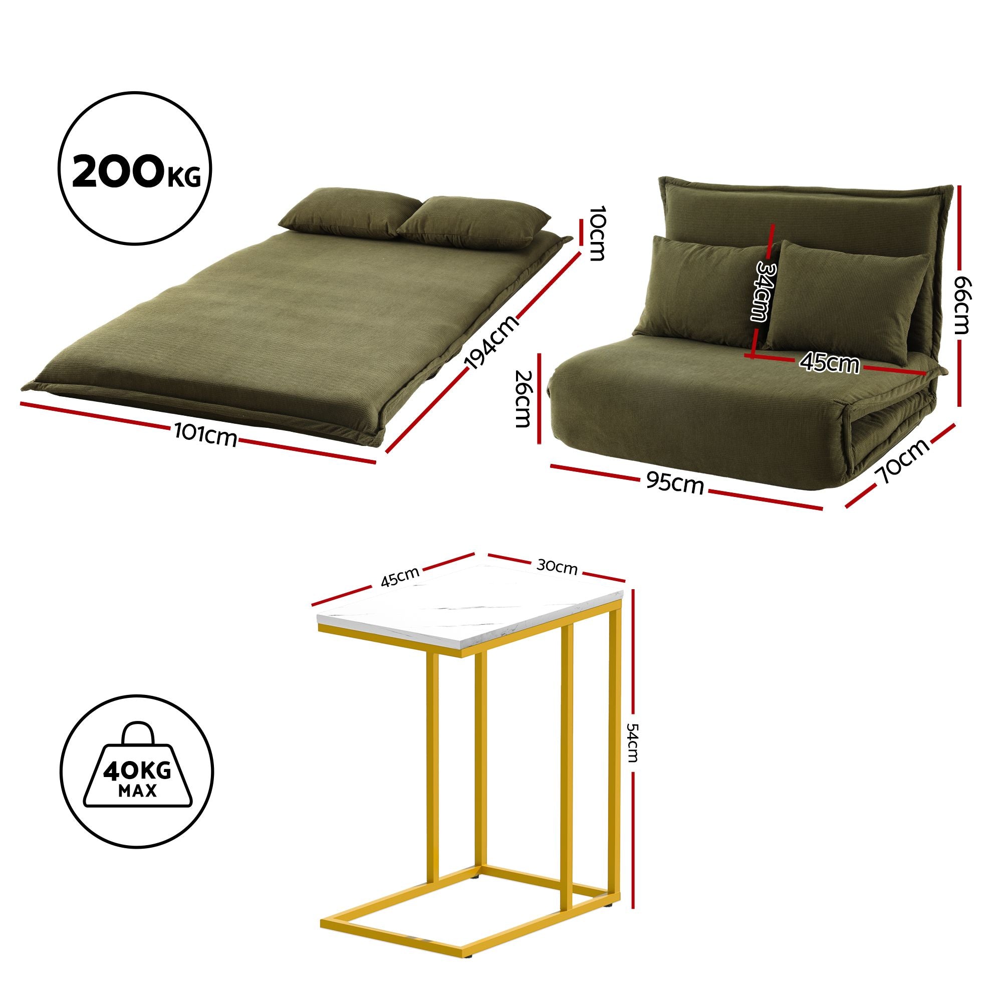 Artiss Floor Lounge Sofa Bed Folding Chaise Chair Green &amp; Coffee Table Side Table Marble Effect