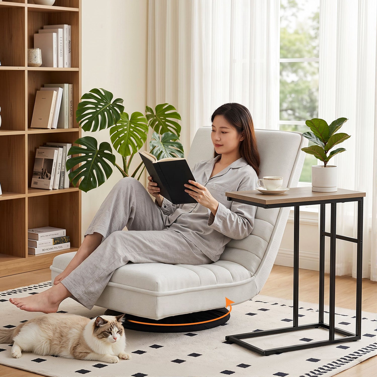 Artiss Floor Lounge &amp; Coffee Table Set, Swviel Foldable Linen Sofa Chair White, C-Shaped Side Table Walnut
