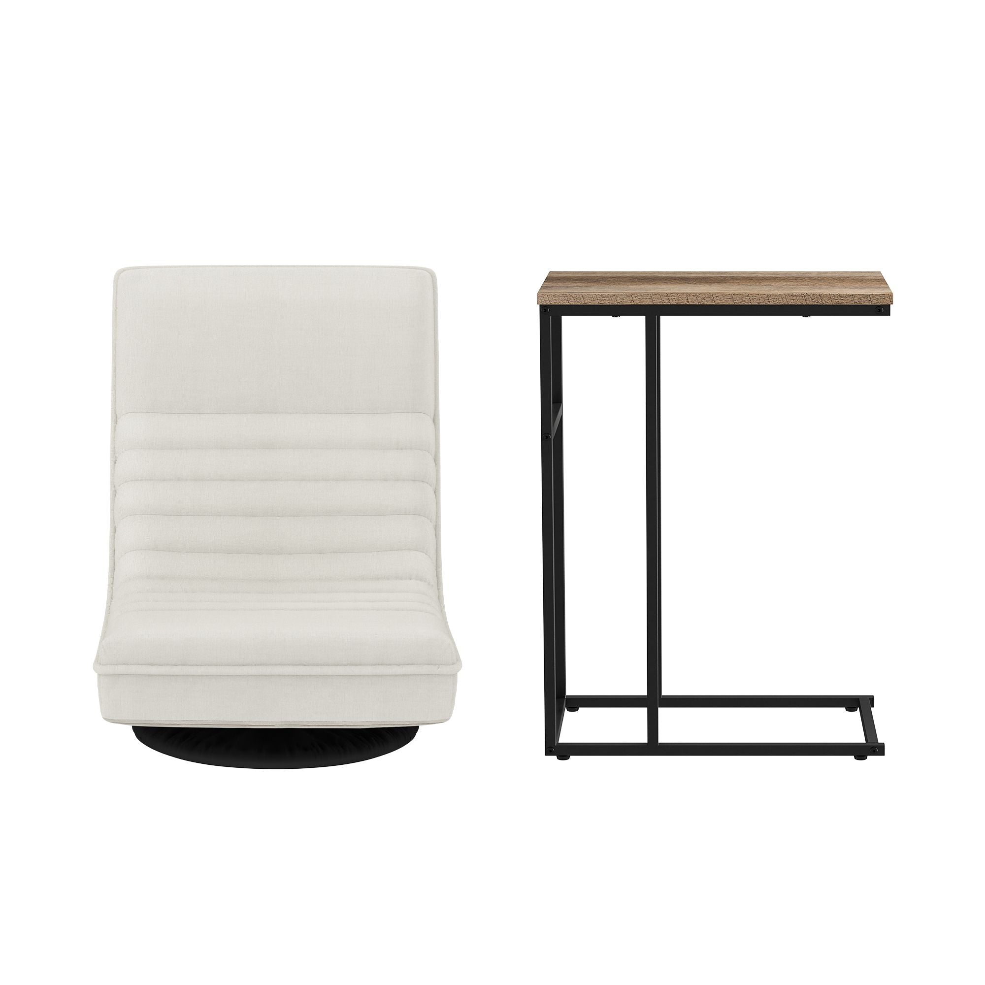 Artiss Floor Lounge &amp; Coffee Table Set, Swviel Foldable Linen Sofa Chair White, C-Shaped Side Table Walnut