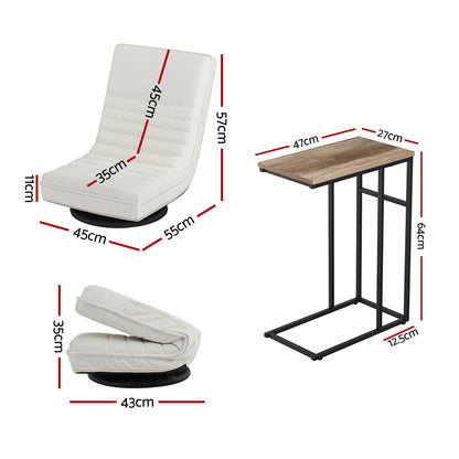 Artiss Floor Lounge &amp; Coffee Table Set, Swviel Foldable Linen Sofa Chair White, C-Shaped Side Table Walnut
