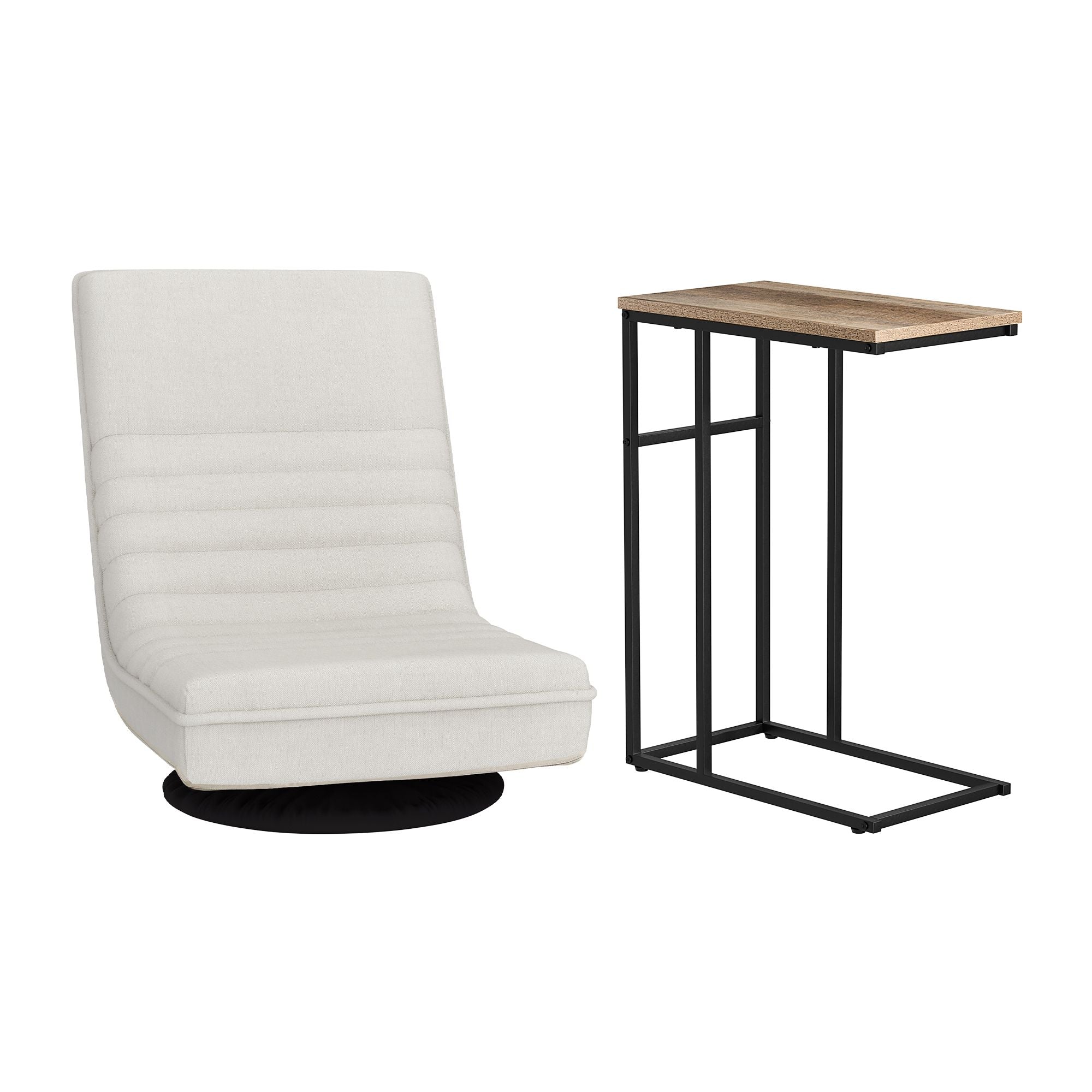 Artiss Floor Lounge &amp; Coffee Table Set, Swviel Foldable Linen Sofa Chair White, C-Shaped Side Table Walnut