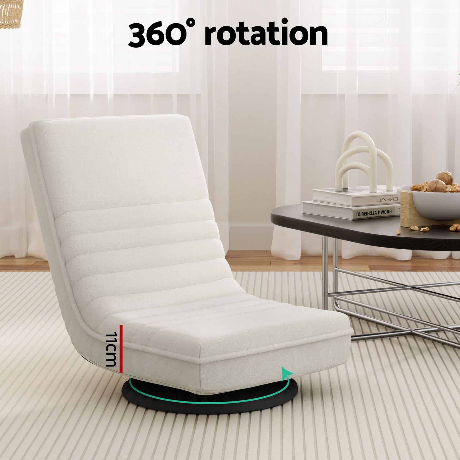 Artiss Floor Lounge &amp; Coffee Table Set, Swviel Foldable Linen Sofa Chair White, C-Shaped Side Table Walnut