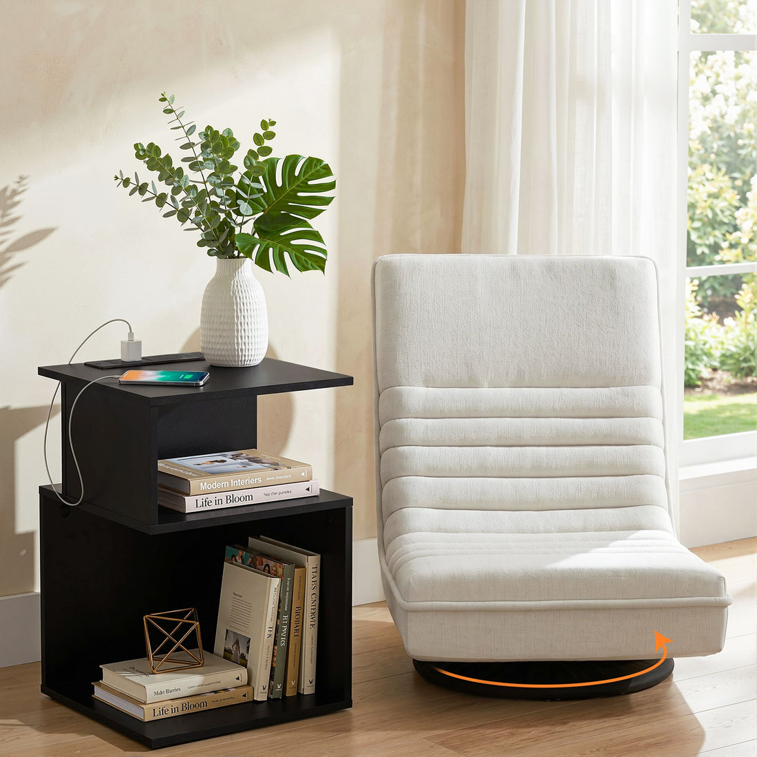 Artiss Swivel Floor Chair and Bedside Table with Charging Station Set-Furniture > Bar Stools &amp; Chairs > Arm Chairs &amp; Recliners-PEROZ Accessories
