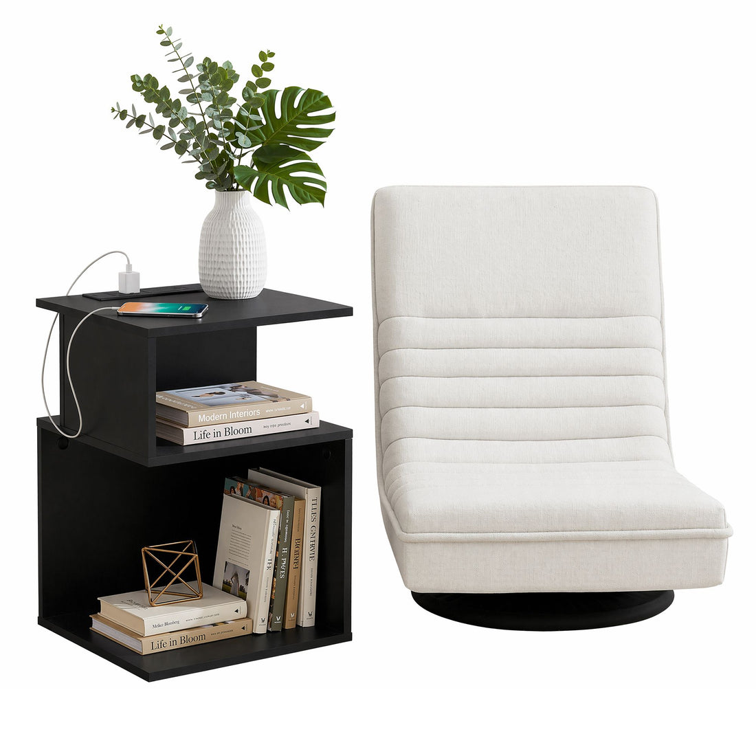 Artiss Swivel Floor Chair and Bedside Table with Charging Station Set-Furniture > Bar Stools &amp; Chairs > Arm Chairs &amp; Recliners-PEROZ Accessories