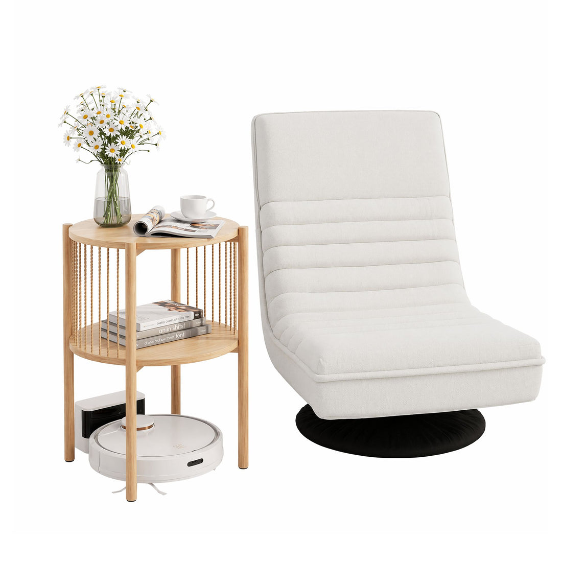 Artiss Floor Lounge Folding Swivel Sofa Chair and 2 Tier Round End Side Table Set-Furniture > Bar Stools &amp; Chairs > Arm Chairs &amp; Recliners-PEROZ Accessories