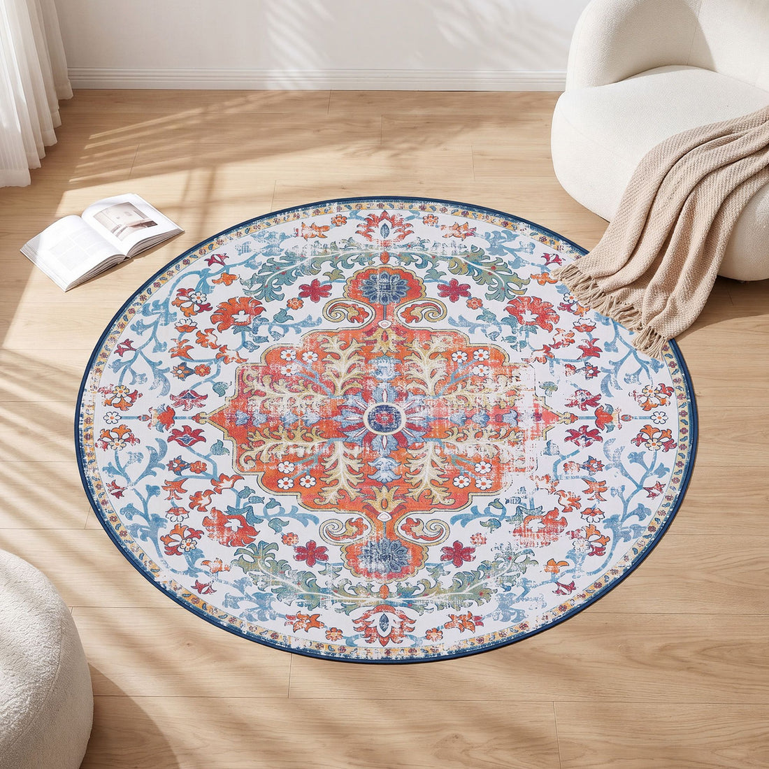 Artiss 120 cm Round Rugs for Living Room With Silicone Dots Grip For Bedroom Entryway 5mm Ultra Thin Foldable Machine Washable Vintage Boho Floor Carpet-Home &amp; Garden > Rugs > Round Rugs-PEROZ Accessories
