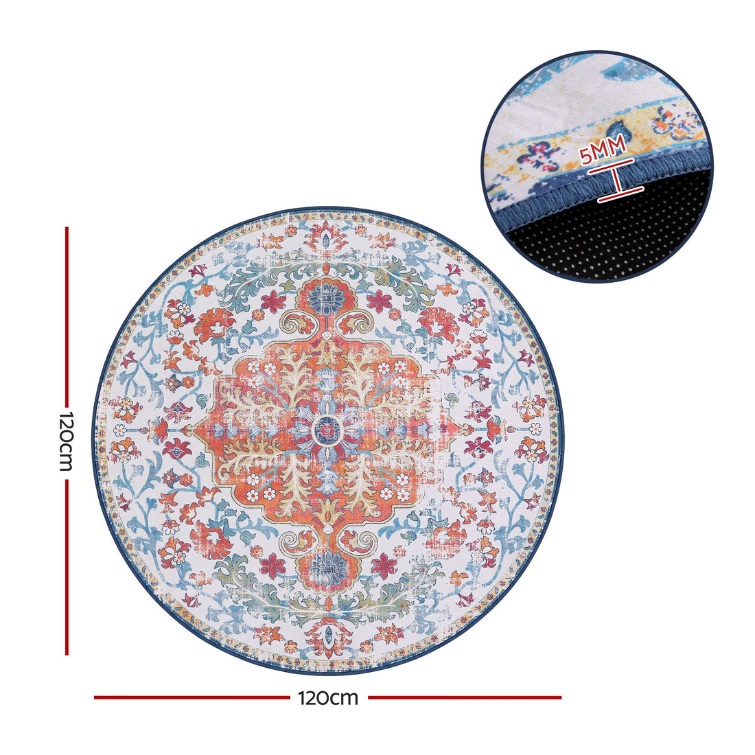 Artiss 120 cm Round Rugs for Living Room With Silicone Dots Grip For Bedroom Entryway 5mm Ultra Thin Foldable Machine Washable Vintage Boho Floor Carpet-Home &amp; Garden > Rugs > Round Rugs-PEROZ Accessories