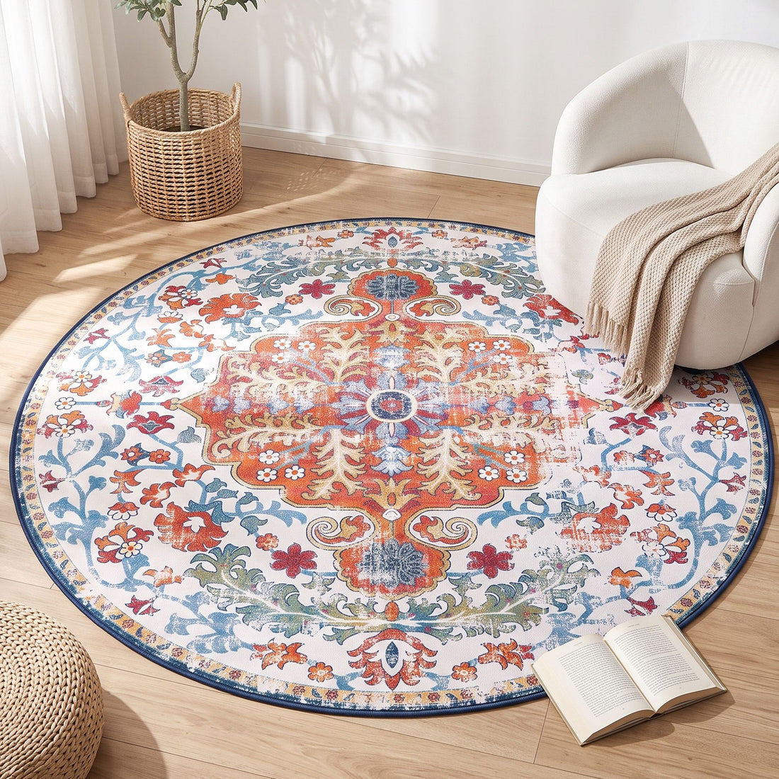 Artiss 160 cm Round Rugs for Living Room With Silicone Dots Grip For Bedroom Entryway 5mm Ultra Thin Foldable Machine Washable Vintage Boho Floor Carpet-Home &amp; Garden > Rugs > Round Rugs-PEROZ Accessories