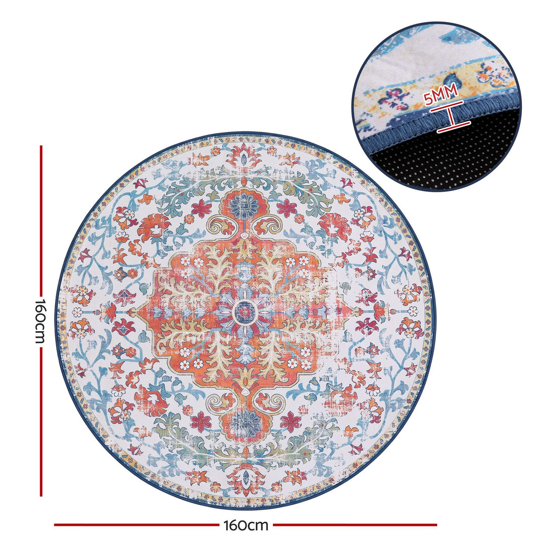 Artiss 160 cm Round Rugs for Living Room With Silicone Dots Grip For Bedroom Entryway 5mm Ultra Thin Foldable Machine Washable Vintage Boho Floor Carpet-Home &amp; Garden > Rugs > Round Rugs-PEROZ Accessories