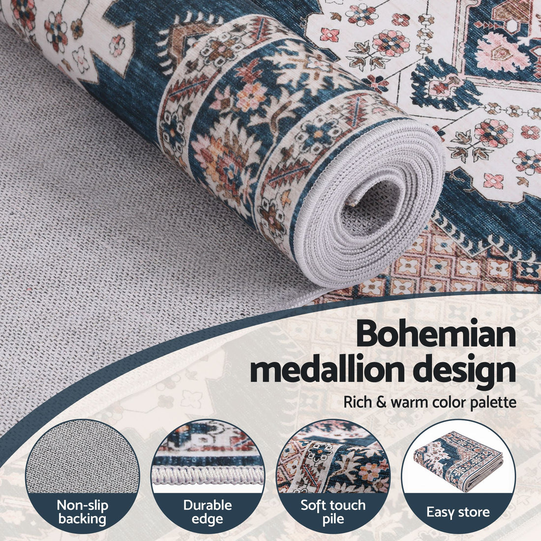 Artiss 60 x 300 cm Washable Runner Area Rug No Hard Glue Quilt-Like Soft for Home Decor, 0.5cm Ultra-Thin Pet Friendly Bohemian Medallion Bedroom Carpet-Home &amp; Garden > Rugs > Round Rugs-PEROZ Accessories