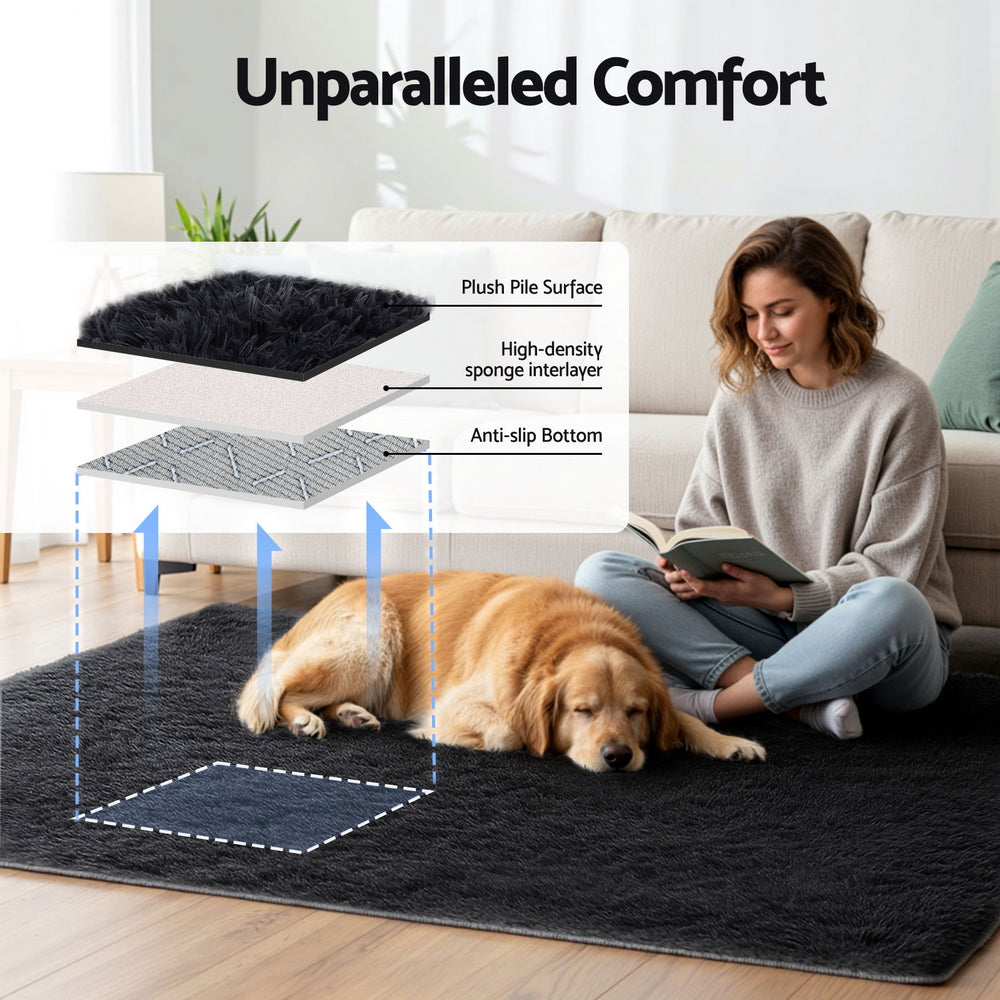 Artiss Floor Rug 140x200cm Plush Area Shaggy Rug Living Room Bedroom Carpet Black-Home &amp; Garden > Rugs > Floor Rugs-PEROZ Accessories