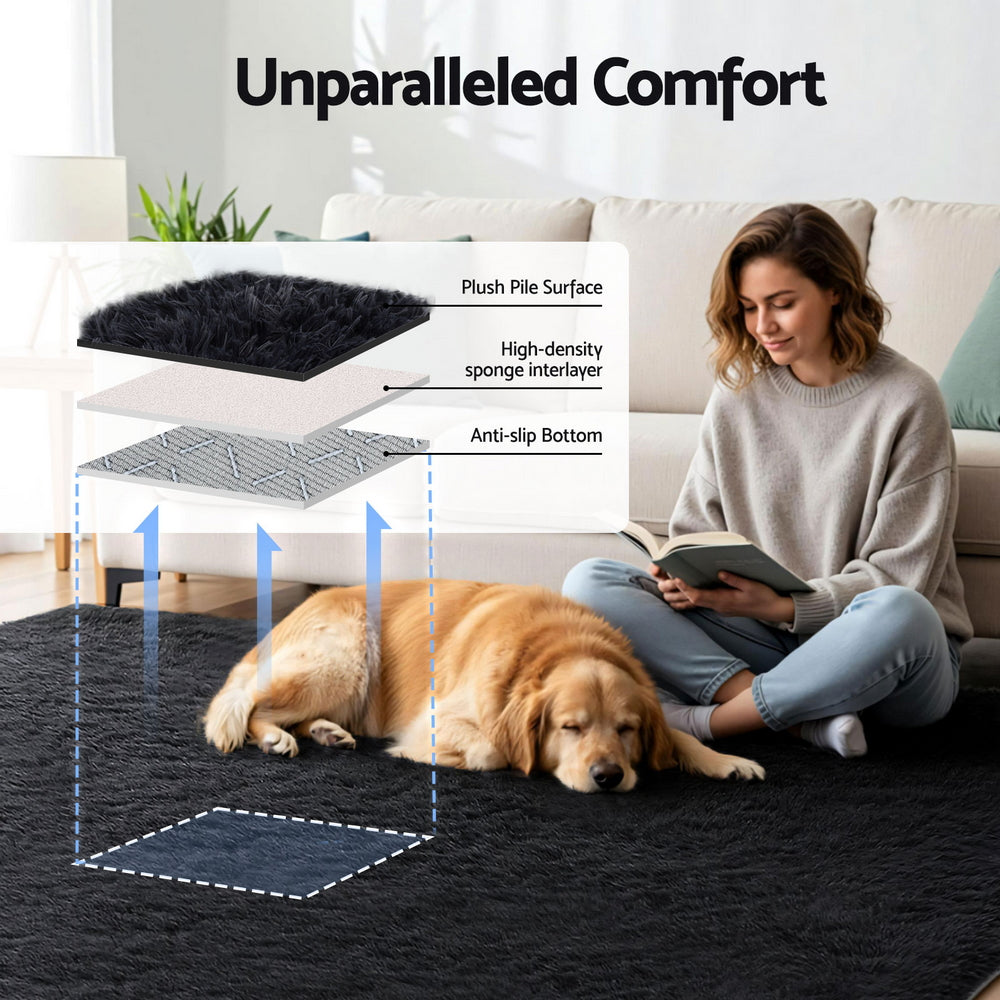 Artiss Floor Rug 200x290cm Plush Area Shaggy Rug Living Room Bedroom Carpet Black-Home &amp; Garden > Rugs > Floor Rugs-PEROZ Accessories