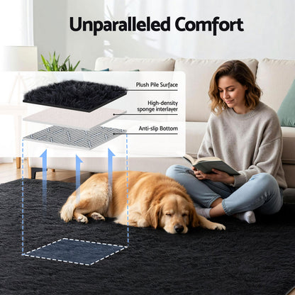 Artiss Floor Rug 200x290cm Plush Area Shaggy Rug Living Room Bedroom Carpet Black-Home &amp; Garden > Rugs > Floor Rugs-PEROZ Accessories