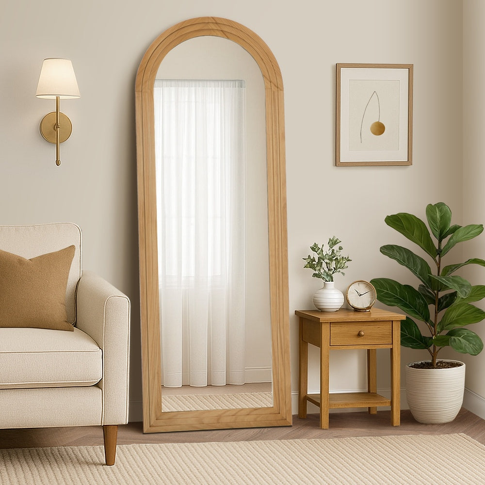 Oikiture Full Length Arch Mirror 165x60cm Natural Wood Wall Mounted-Full Length Mirror-PEROZ Accessories