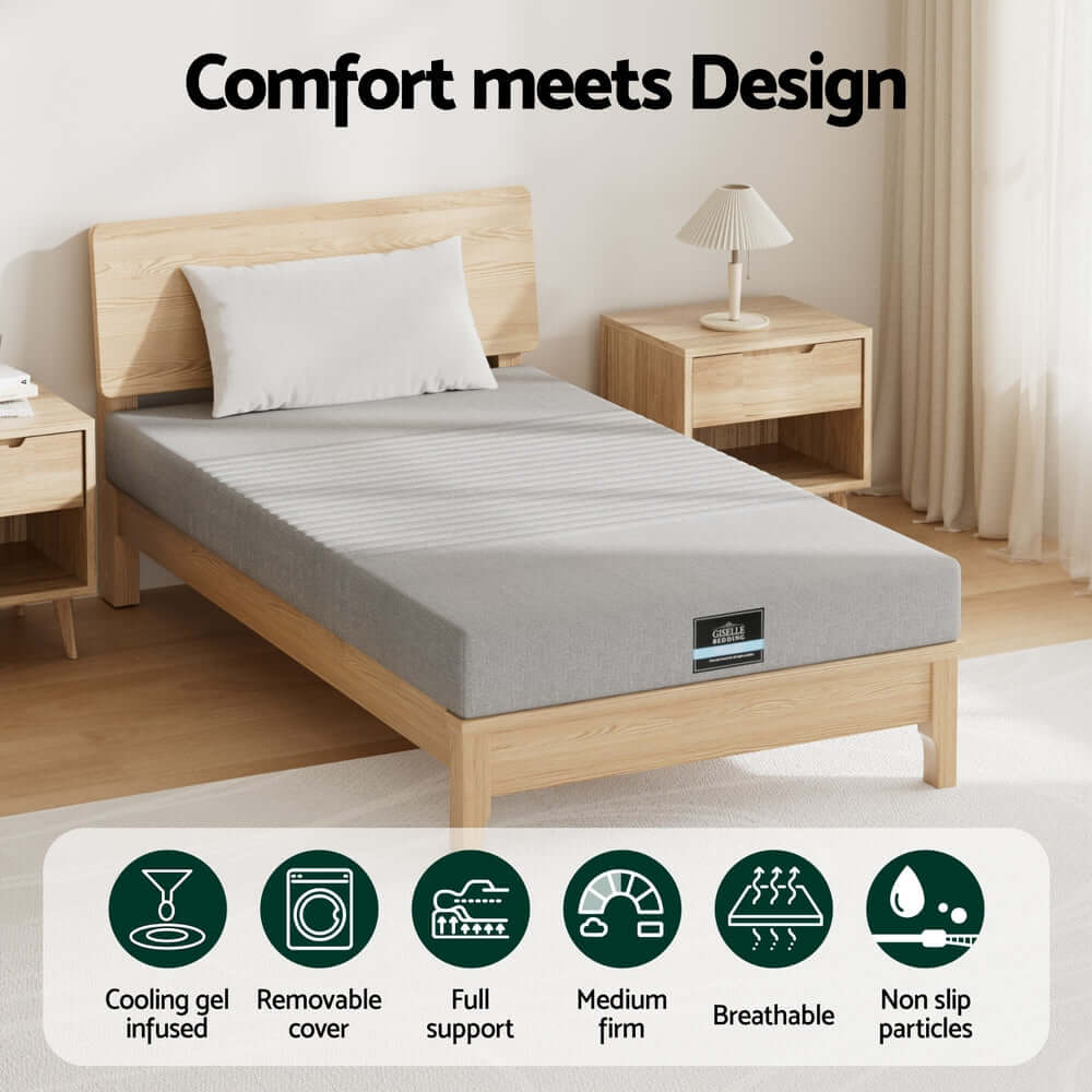 Giselle Bedding Cool Gel Memory Foam Mattress Charcoal 7-Zone Washable Bamboo Cover 15cm King Single-Furniture &gt; Mattresses &gt; King Single Mattress-PEROZ Accessories