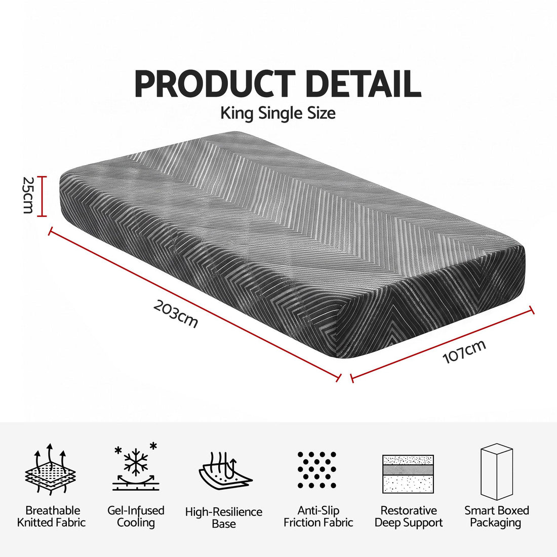 Giselle 25cm King Single Memory Foam Mattress Gel Infused Foam Removable Cover-Furniture > Bedroom > Beds &amp; Bed Frames-PEROZ Accessories