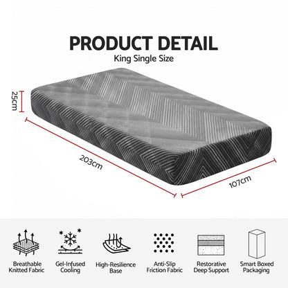 Giselle 25cm King Single Memory Foam Mattress Gel Infused Foam Removable Cover-Furniture > Bedroom > Beds &amp; Bed Frames-PEROZ Accessories