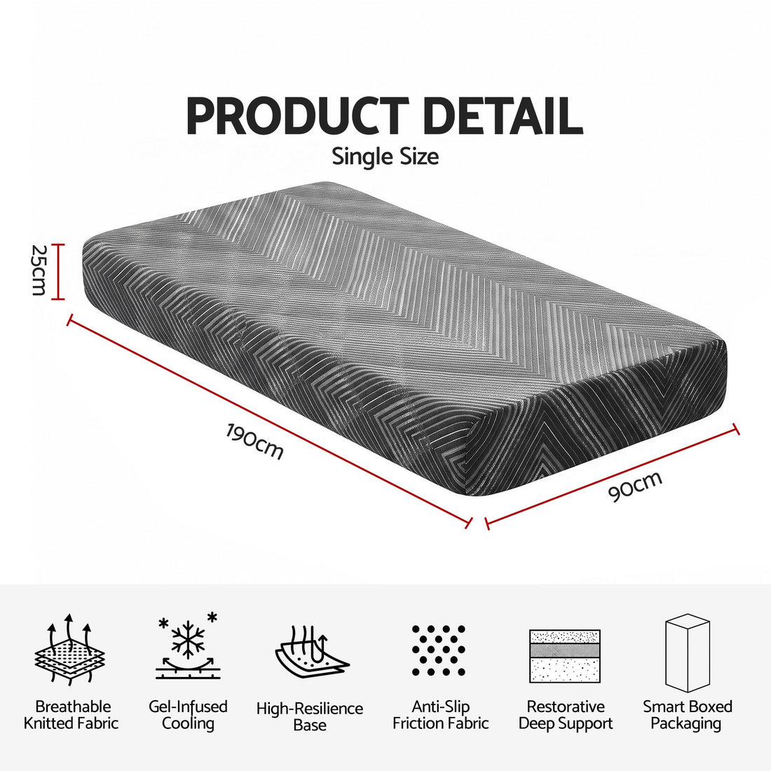 Giselle 25cm Single Memory Foam Mattress Gel Infused Foam Removable Cover-Furniture > Bedroom > Beds &amp; Bed Frames-PEROZ Accessories