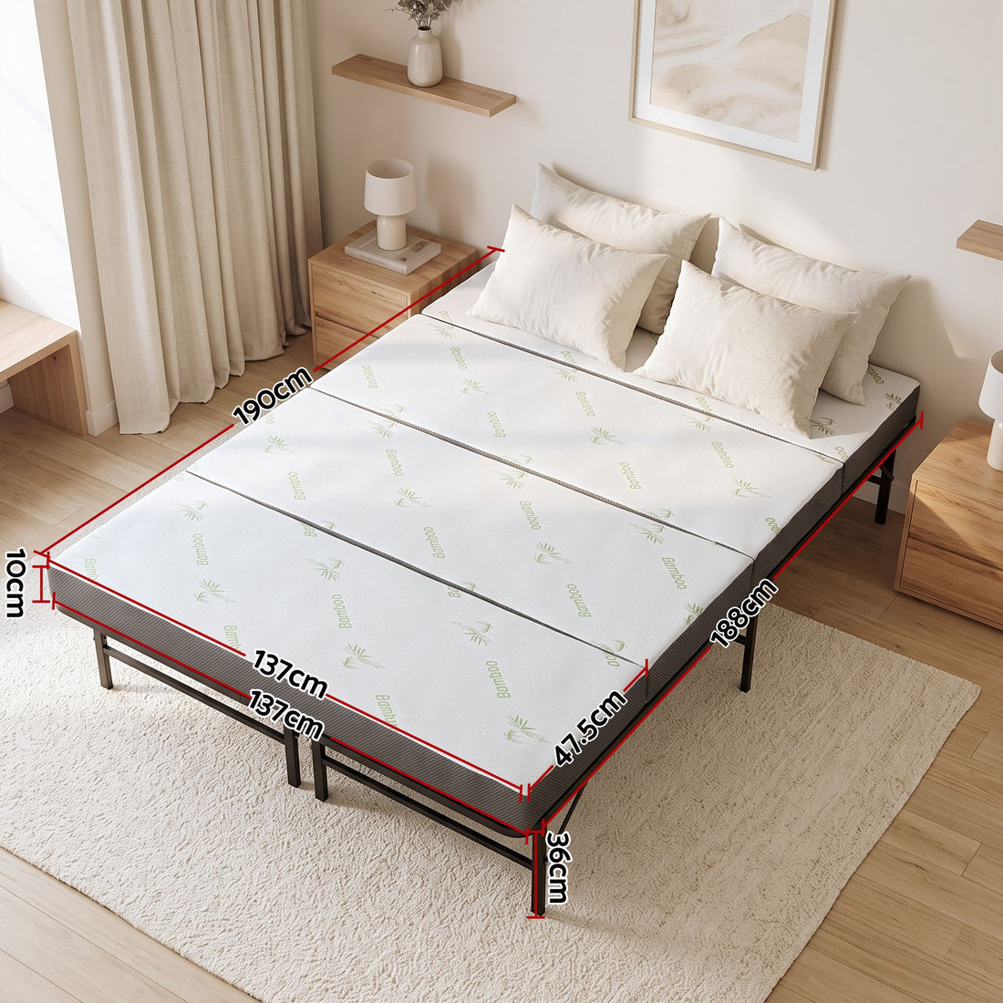 Giselle Double Folding Bed with Mattress 4 Fold Metal Frame Guest Bed Bamboo Cover-Furniture > Bedroom > Beds &amp; Bed Frames-PEROZ Accessories
