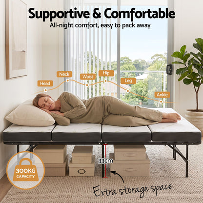Giselle Double Folding Bed with Mattress 4 Fold Metal Frame Guest Bed Bamboo Cover-Furniture > Bedroom > Beds &amp; Bed Frames-PEROZ Accessories