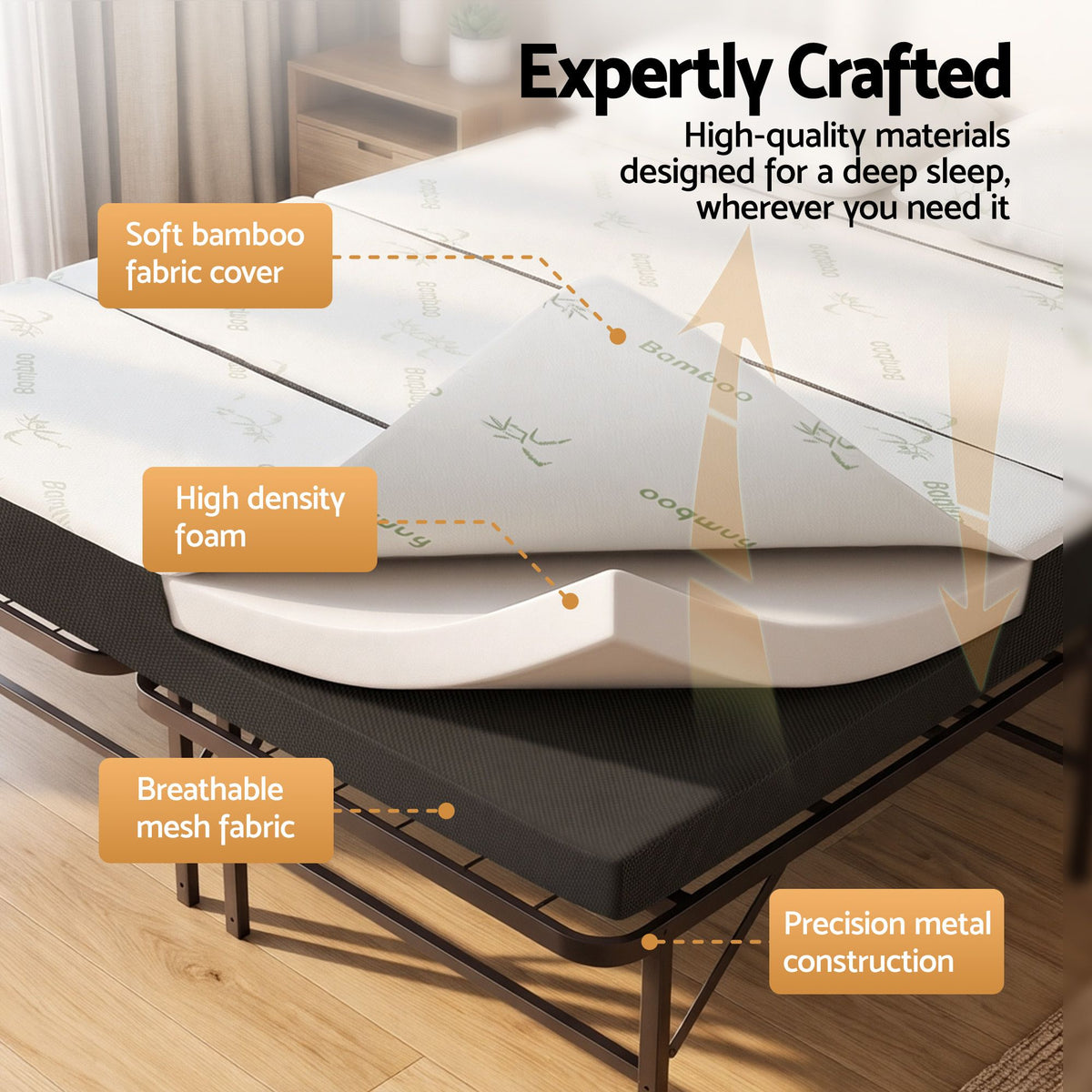 Giselle Double Folding Bed with Mattress 4 Fold Metal Frame Guest Bed Bamboo Cover-Furniture > Bedroom > Beds &amp; Bed Frames-PEROZ Accessories