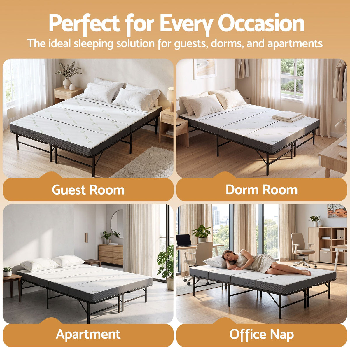 Giselle Double Folding Bed with Mattress 4 Fold Metal Frame Guest Bed Bamboo Cover-Furniture > Bedroom > Beds &amp; Bed Frames-PEROZ Accessories