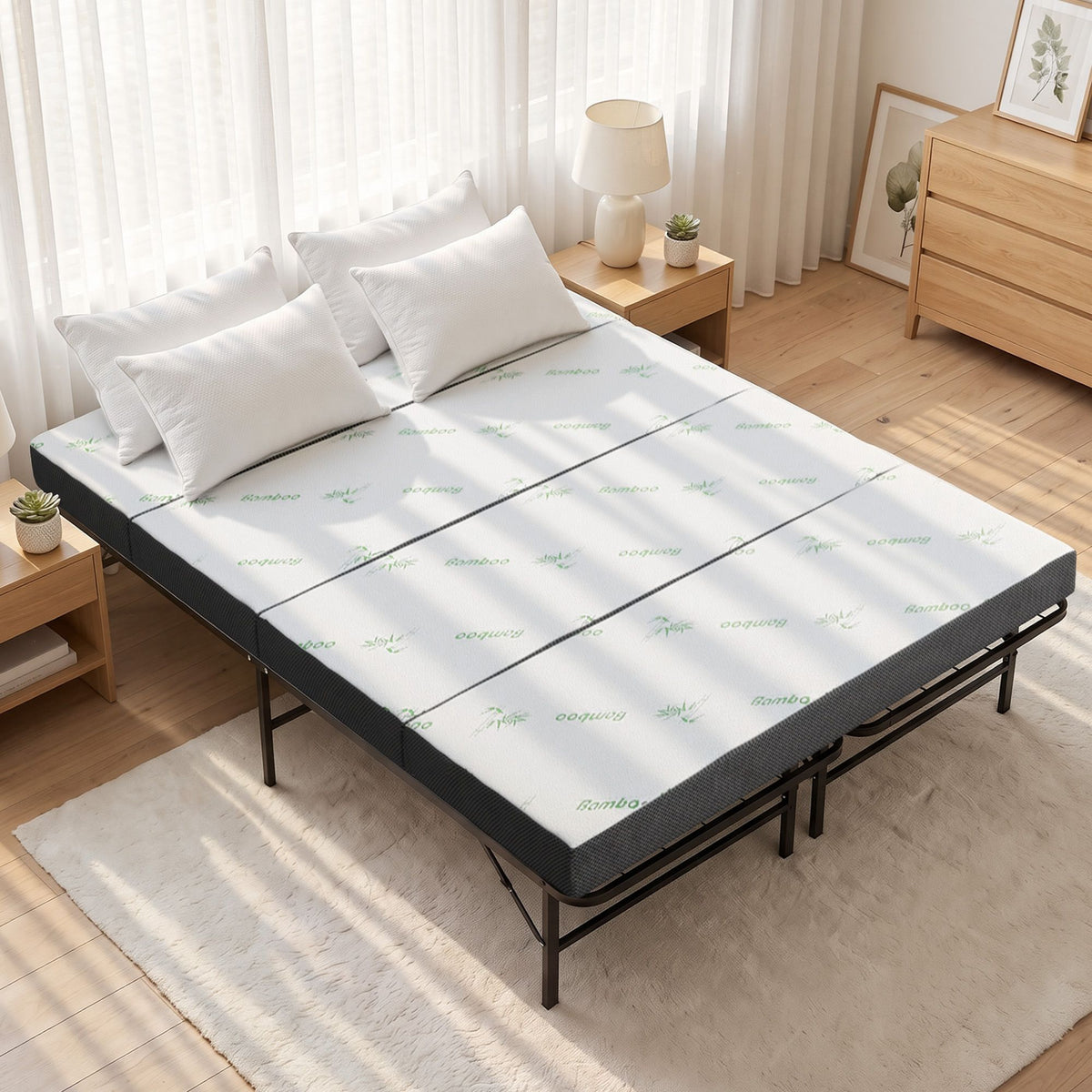 Giselle Double Folding Bed with Mattress 4 Fold Metal Frame Guest Bed Bamboo Cover-Furniture > Bedroom > Beds &amp; Bed Frames-PEROZ Accessories