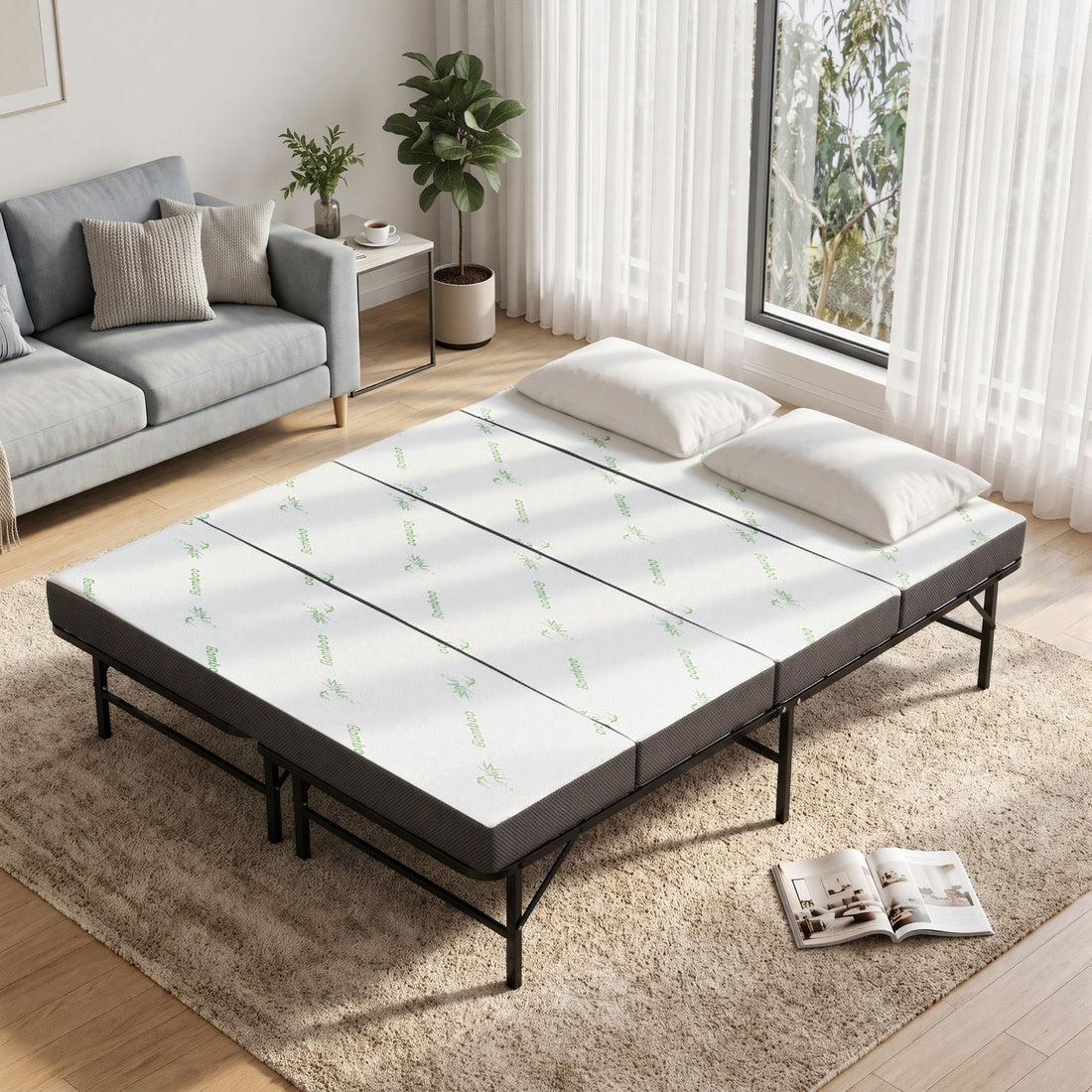 Giselle Queen Folding Bed with Mattress 4 Fold Metal Frame Guest Bed Bamboo Cover-Furniture > Bedroom > Beds &amp; Bed Frames-PEROZ Accessories