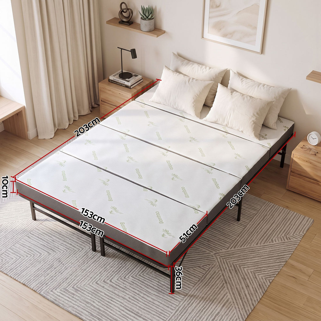 Giselle Queen Folding Bed with Mattress 4 Fold Metal Frame Guest Bed Bamboo Cover-Furniture > Bedroom > Beds &amp; Bed Frames-PEROZ Accessories