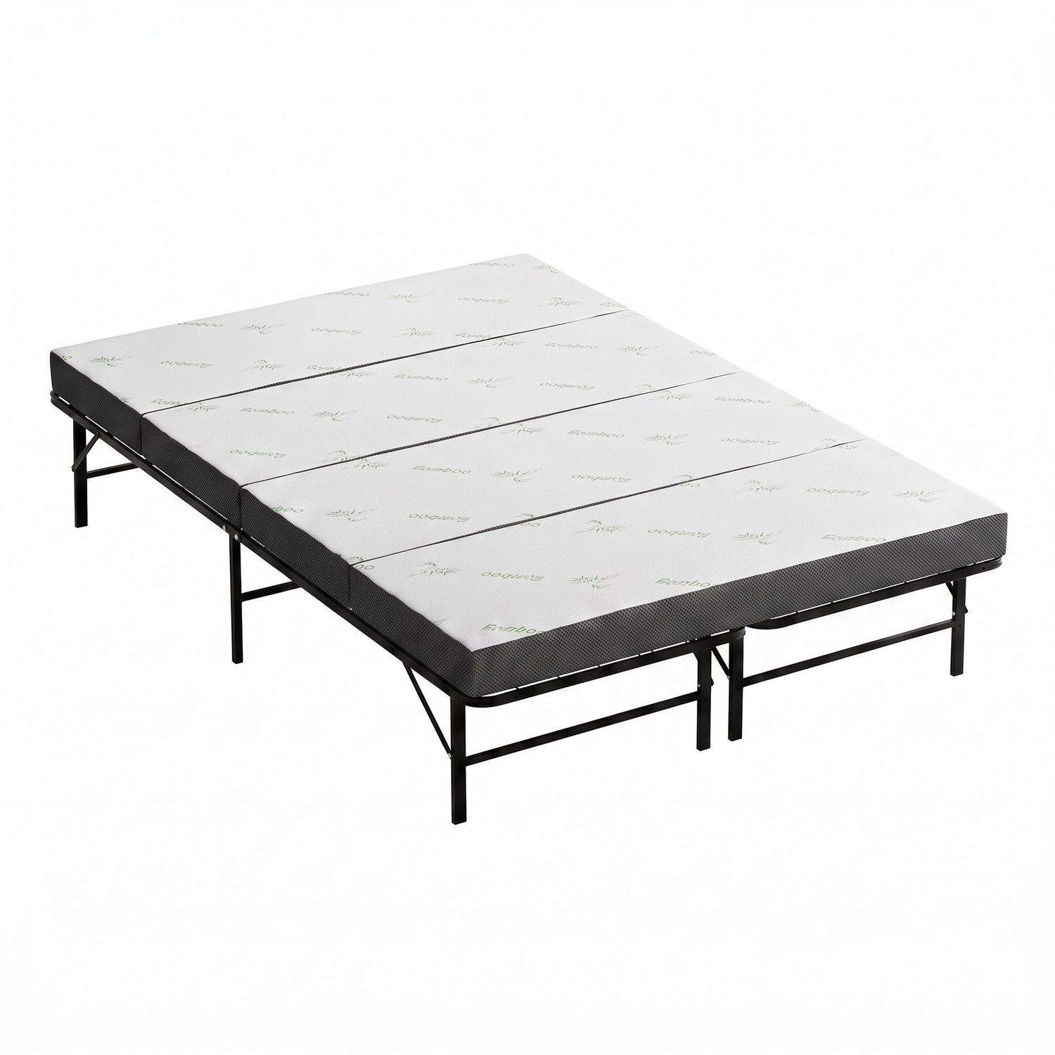 Giselle Queen Folding Bed with Mattress 4 Fold Metal Frame Guest Bed Bamboo Cover