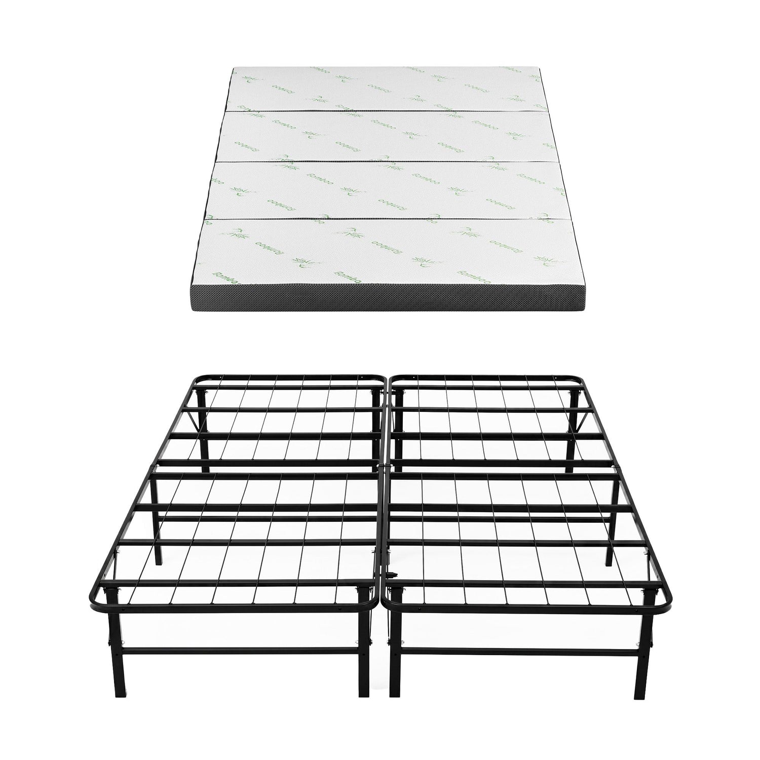 Giselle Queen Folding Bed with Mattress 4 Fold Metal Frame Guest Bed Bamboo Cover