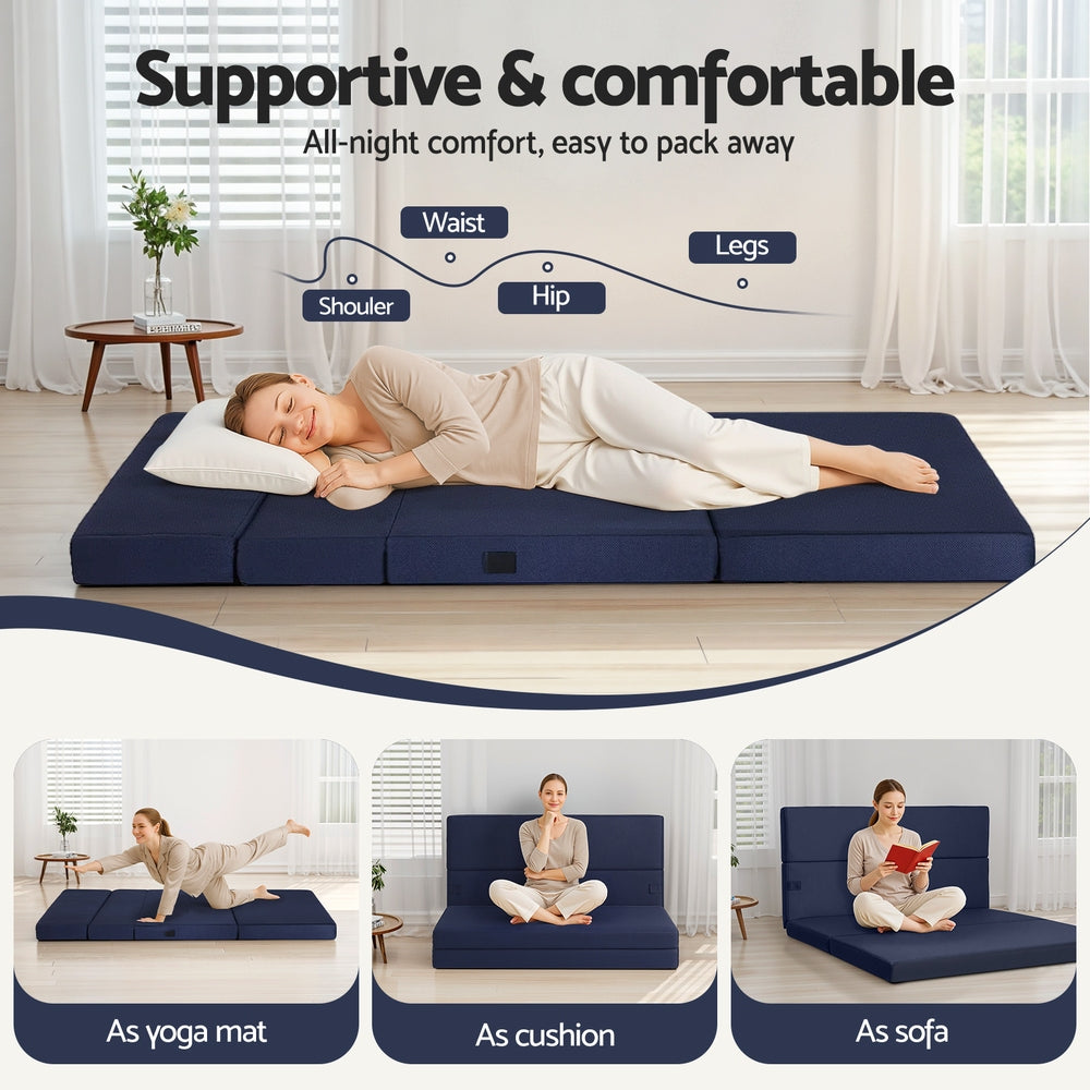 Giselle Foldable Mattress Folding Foam Mattresses Portable Floor Mat Blue Double-Furniture > Mattresses > Double Mattress-PEROZ Accessories