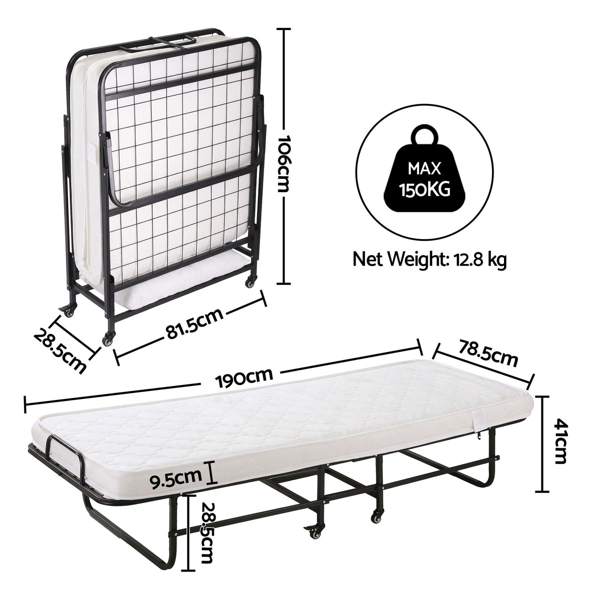 ARTISS Folding Bed with Mattress, Portable Rollaway 150kg Capacity 190CM-Furniture > Bedroom > Beds &amp; Bed Frames-PEROZ Accessories