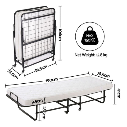 ARTISS Folding Bed with Mattress, Portable Rollaway 150kg Capacity 190CM-Furniture > Bedroom > Beds &amp; Bed Frames-PEROZ Accessories