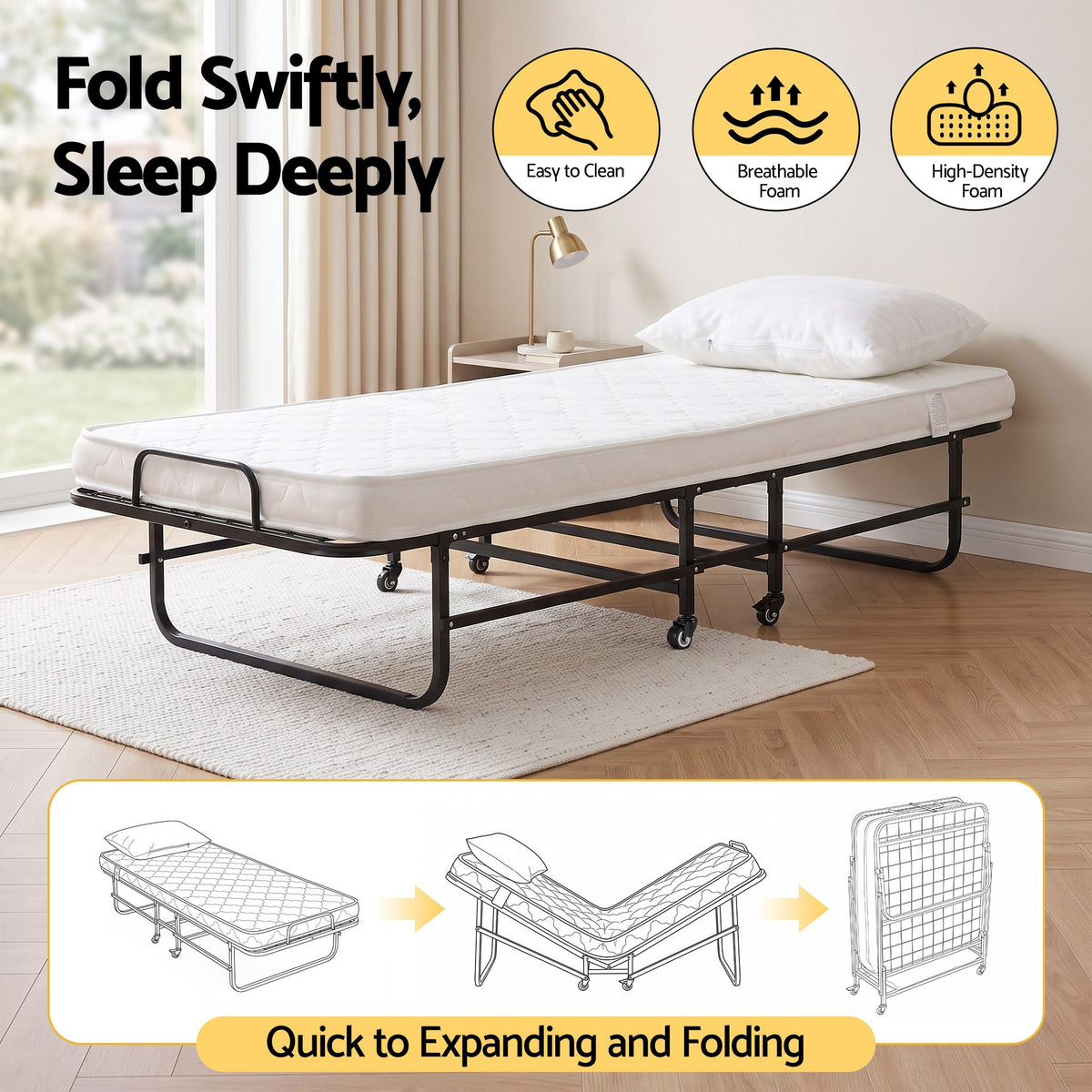 ARTISS Folding Bed with Mattress, Portable Rollaway 150kg Capacity 190CM-Furniture > Bedroom > Beds &amp; Bed Frames-PEROZ Accessories