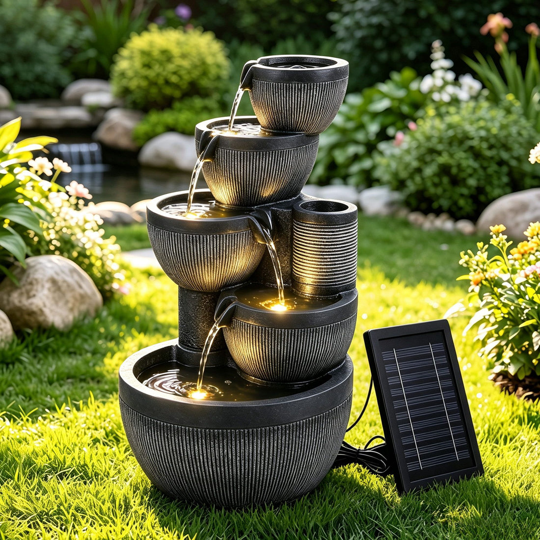 Gardeon Solar Fountain Water Feature 5-Tier Cascading Bowl Grey 51cm-Home &amp; Garden > Fountains > Fountains &amp; Ponds-PEROZ Accessories