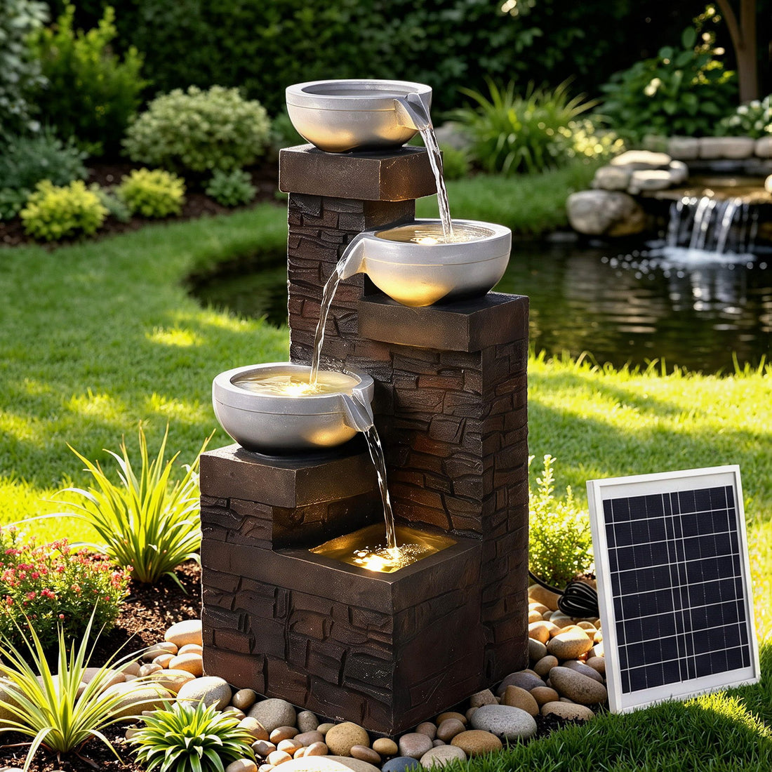 Gardeon Solar Fountain 4 Levels Cascading Bowl Water Feature 75cm Brown-Home &amp; Garden > Fountains > Fountains &amp; Ponds-PEROZ Accessories